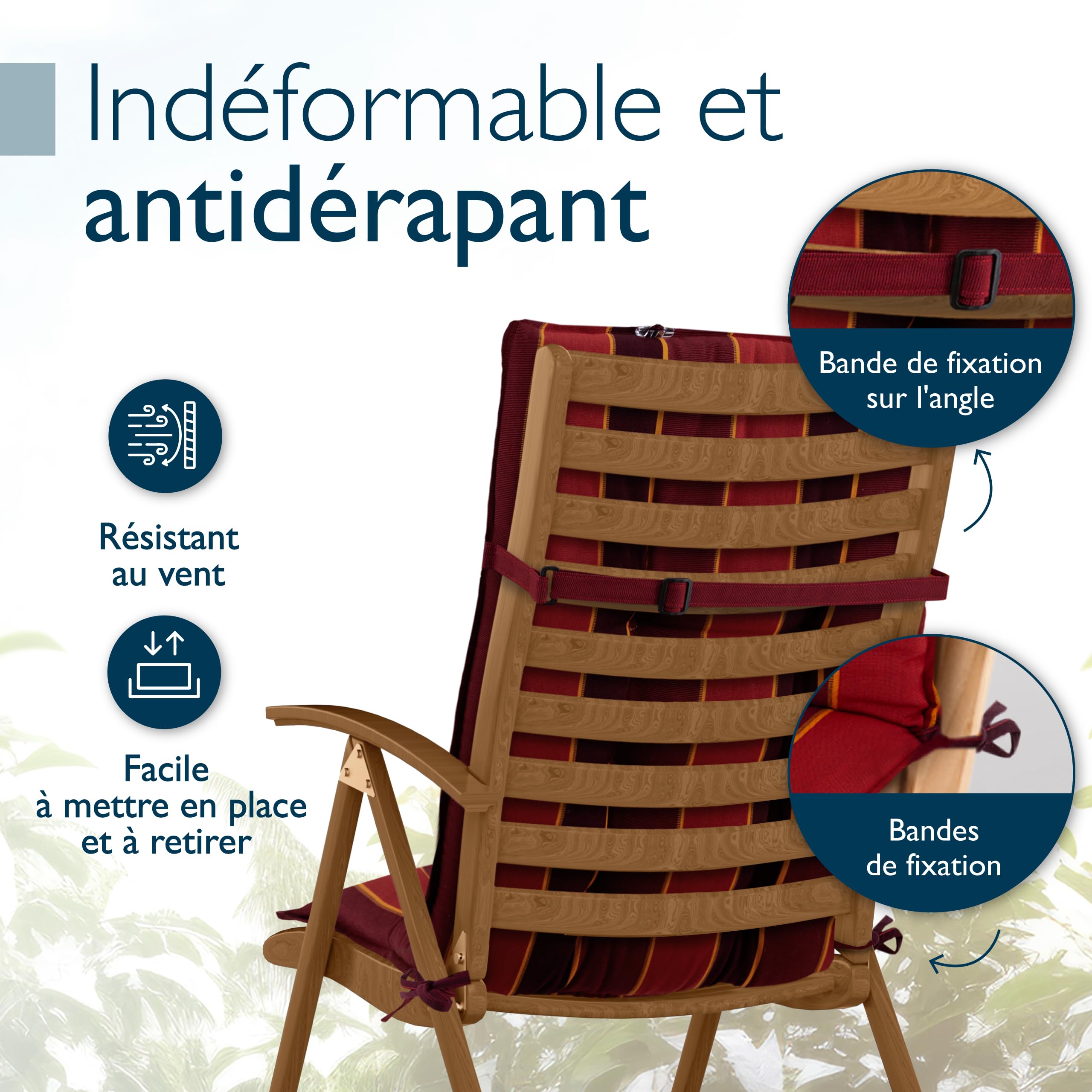Beautissu Premium Coussin Chaise Jardin Dossier Haut 120x50 cm Sun-HL – 8 cm Épaisseur Tissu Robuste Antidérapant & Résistance aux UV – Coussin Fauteuil avec Sangles Fixation Rouge