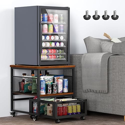 Miniatura 11 de Mini soporte para refrigerador con almacenamiento y ruedas, mini mesa de nevera resistente con tomas de corriente para refrigerador de 220 libras,