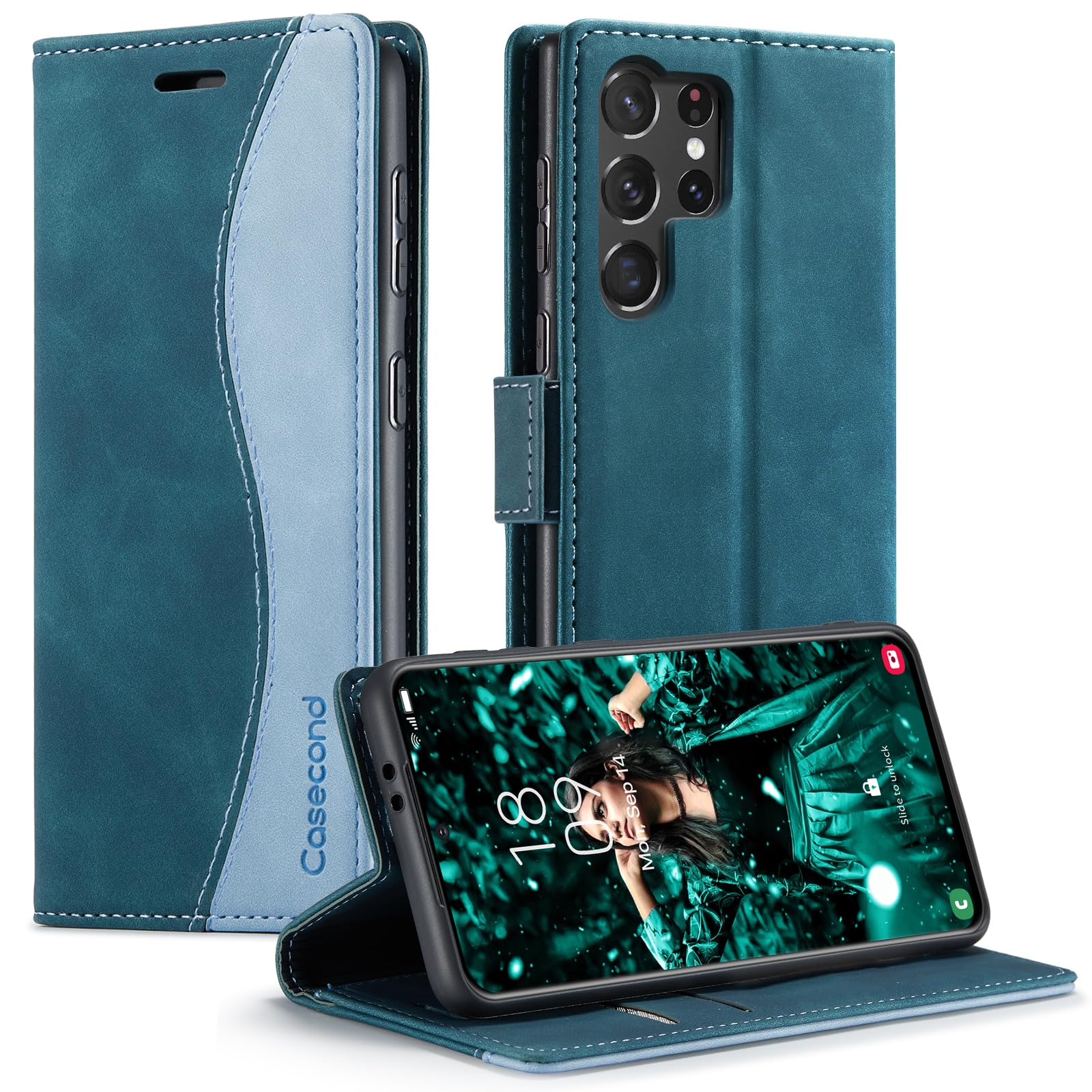 Casecond Funda para Samsung Galaxy A53 5G Cuero Premium Flip Folio Carcasa Case con Tarjetero Fundas Tapa Libro Magnético con Bloqueo RFID Proteccion para Mujeres Hombres - Azul Verde — view 9