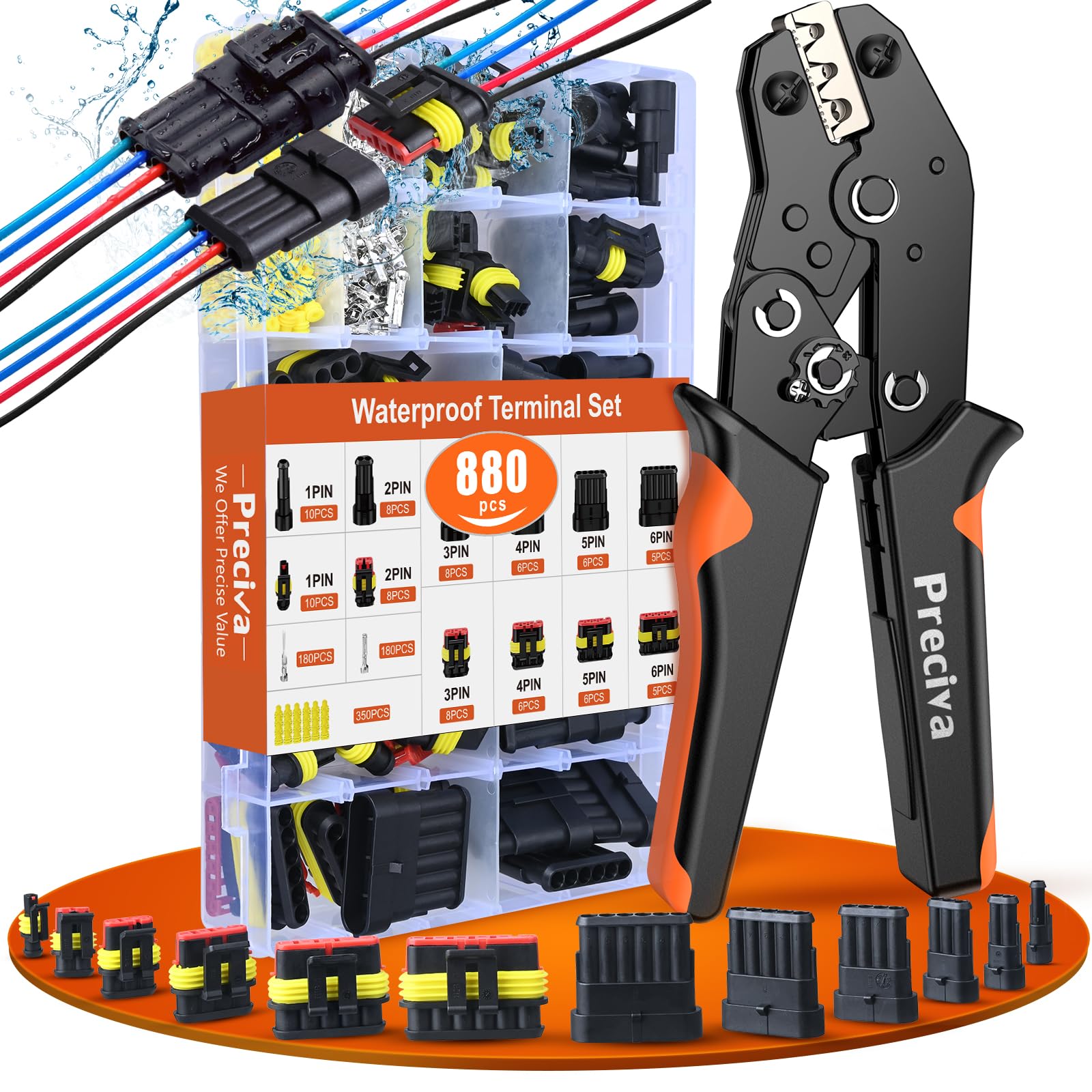 Preciva Pince à Sertir 1-2,5 mm² (AWG 18-14) avec 880 Pièces Connecteur Automobile Kit,de Connecteurs Électriques Étanches IP67, Prises 1/2/3/4/5/6 Broches pour Voiture, Moto, Bateau, Camion,Etc