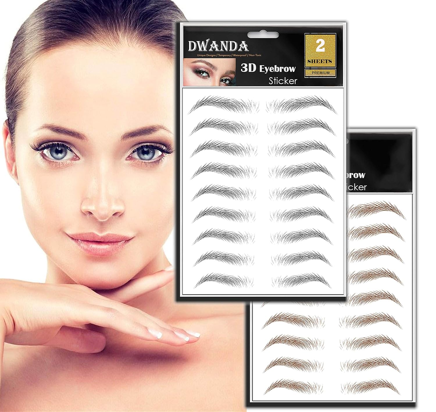2 Sheets Premium Dwanda 3D Realistic Long Lasting Eyebrow Transfers, Realistic Looking Natural Eyebrows, Waterproof Eyebrow Tattoo stickers for Woman Makeup, 1 x Browm, 1 x Black, 18-Pairs of Brows
