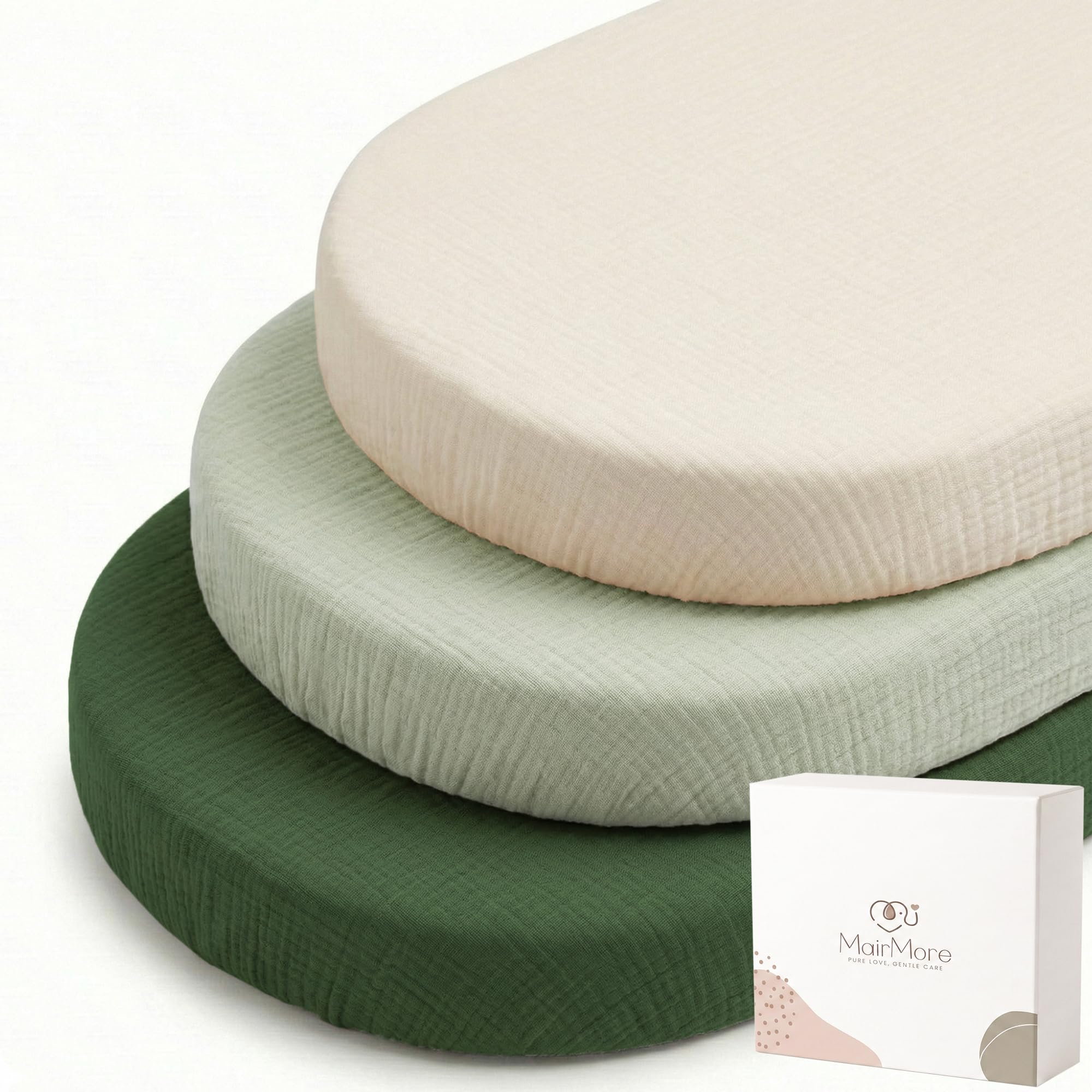 MairMore 3 Pack Muslin Baby Bassinet Sheets for Boys and Girls | Soft &amp; Breathable, 100% Cotton, Full Elastic Fit, for Oval, Rectangle, Hourglass Bassinet Mattress Pads (Grass Green)