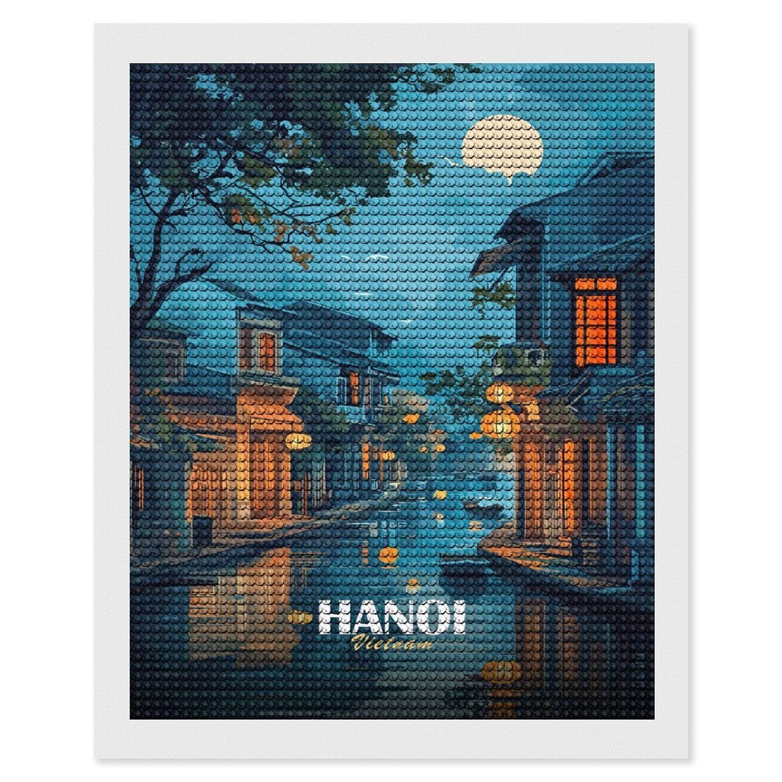 Junmoney Hanoi, Vietnam Canal at Night Round Drill Diamond Painting 16"x20", Handmade Wall Decor, Modern Decor, Aesthetic Room Decor, Easy Craft Set