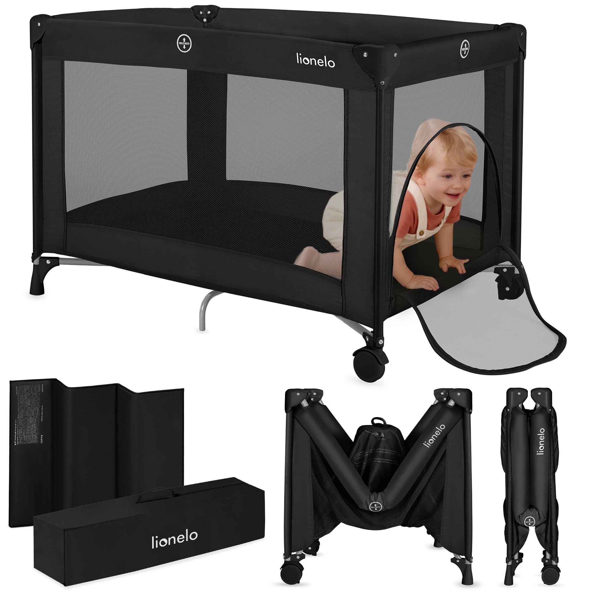 Lionelo Baby-Reisebett Amelie – Baby-Reisebett mit weicher Matratze, ab Geburt bis 15 kg
