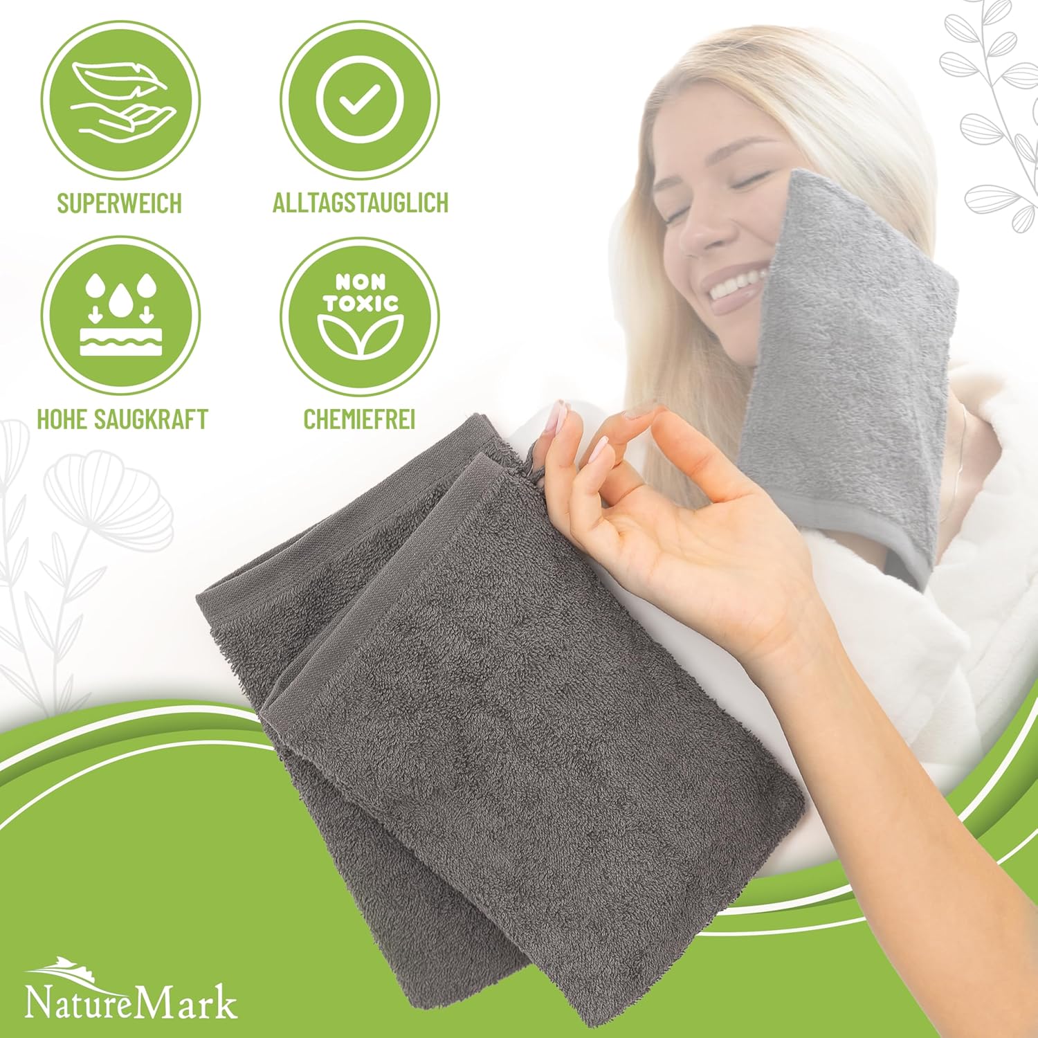 10er Pack Waschhandschuhe, Baumwolle, Anthrazit grau, 15x21cm