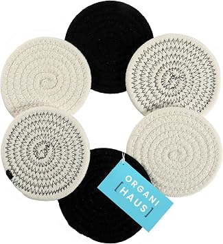 OrganiHaus Drink Coasters Set of 6, Absorbent Cotton Woven Cup Coasters, Rustic Farmhouse Boho Decor for Coffee Table and Drinks Protection, Cute Coaster for Drinks - Black/Off-White