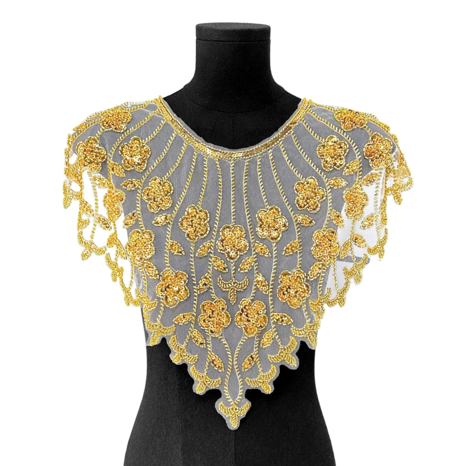 Sequin Applique with Beads Floral Applique Beaded Neckline Trim for Designers, Entertainers, Dresses, Eveningwear, Stage Costumes Gold H2281-image-43