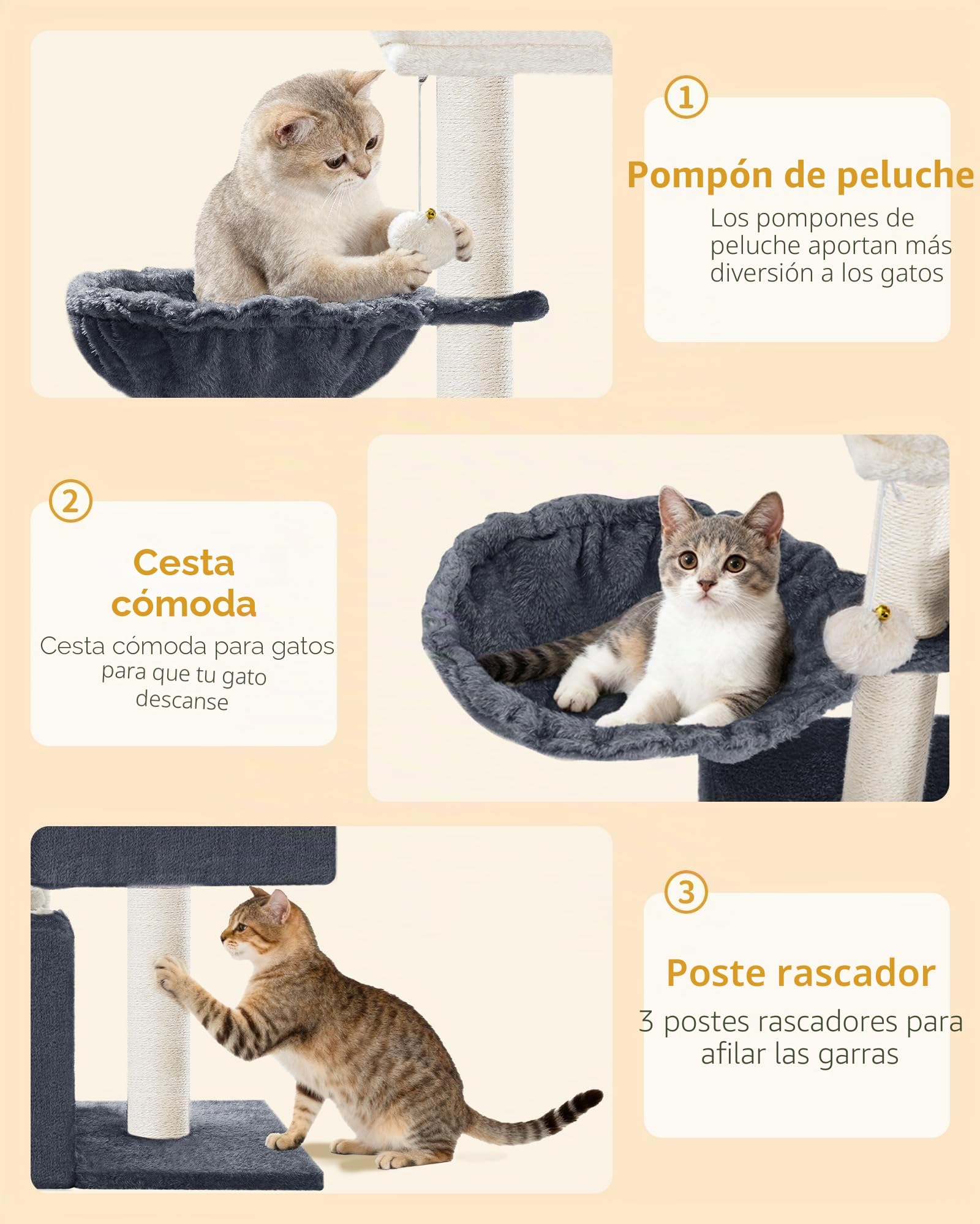 Hzuaneri 75 cm Árbol para Gatos, Árbol para Gatos, Poste rascador pequeño de Varios Niveles, con 4 Postes Rascadores, 2 Cuevas, Grandes Plataformas, Hamaca, Pompones, Gris Oscuro MS07618SG