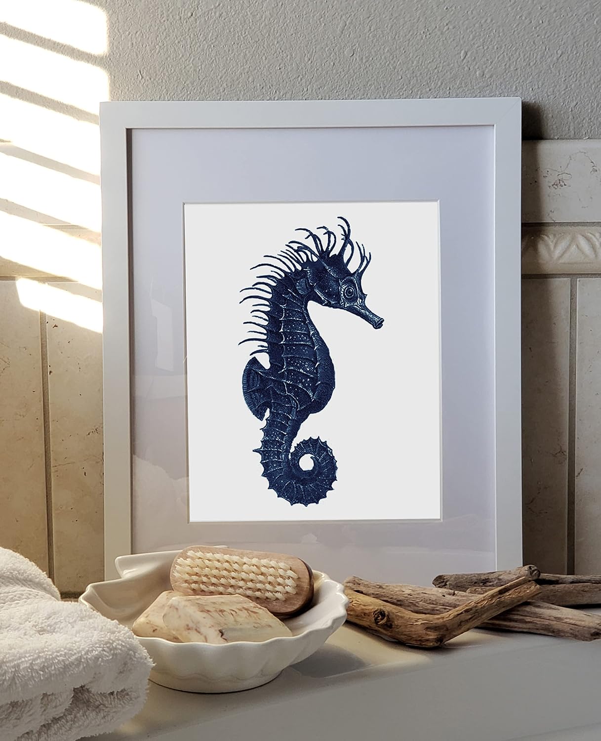 Gnosis Picture Archive Sea Turtle Seahorse Sea Coral Navy Blue and White Coastal Wall Decor Set of 3 Unframed Prints