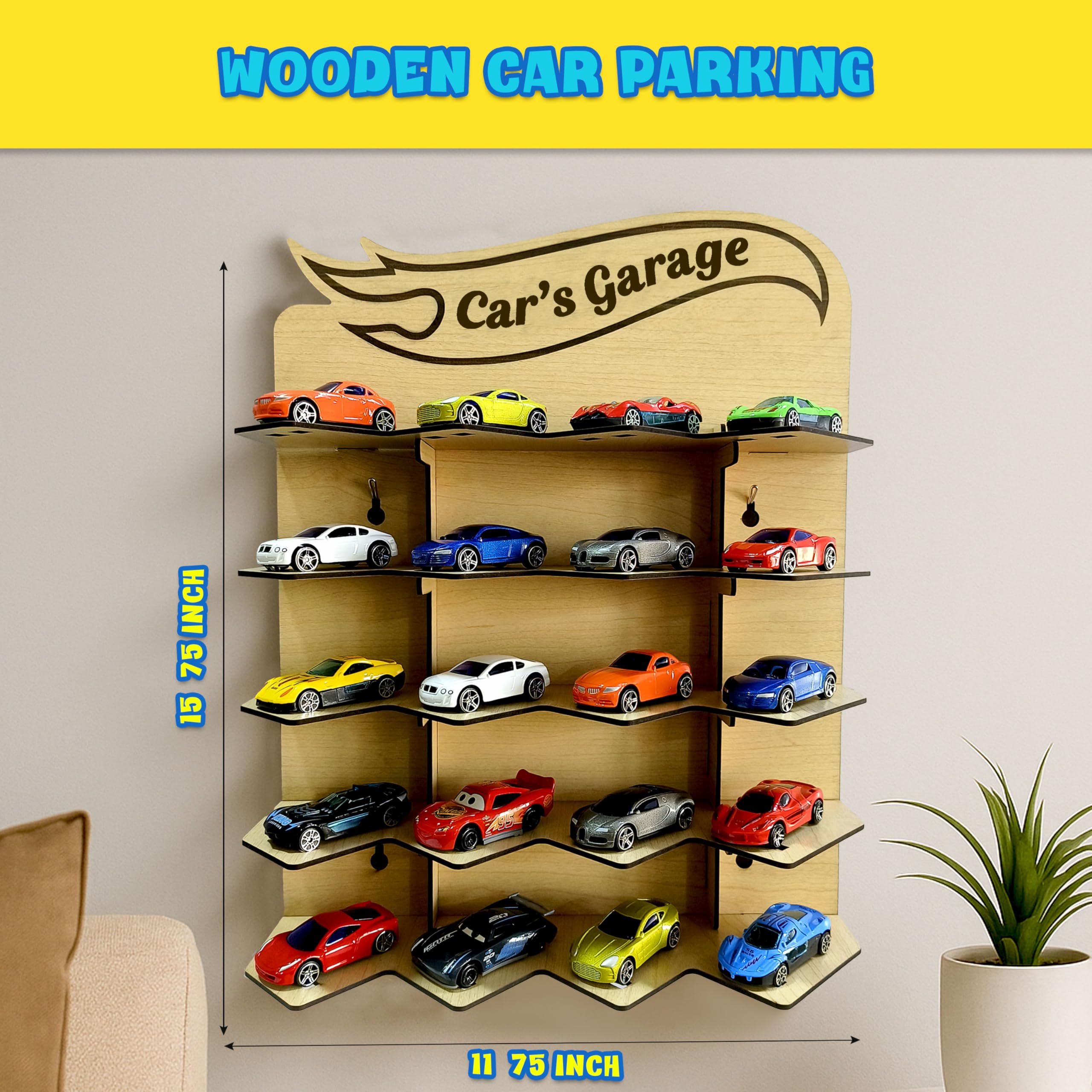 Hot Wheels Car Display Case for Kids – Wooden Garage Wall Hanging Rack – Holds 20 Toy Cars – Display Stand Organizer for Hot Wheels – Gift for Boys – (No Toys) (Pack of 1) - Image 2 thumbnail