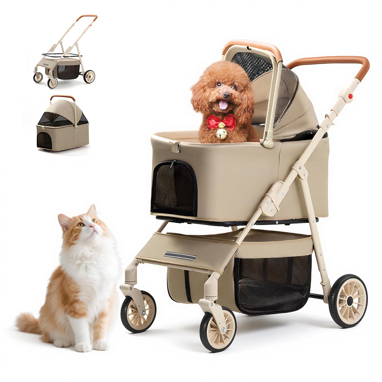 Dog Cat Stroller for Small/Medium Pets up to 55 Lbs, 3-in-1 Foldable Pet Stroller with Detachable Carrier, 4 Wheels, Adjustable Height, Single Foot Brake, Pet Strollers for Travel Outdoor (Khaki