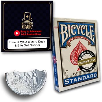 Blue Back Wizard Stripper Deck and Bite Out Quarter Trick Kit Includes Replacement Rubber Bands