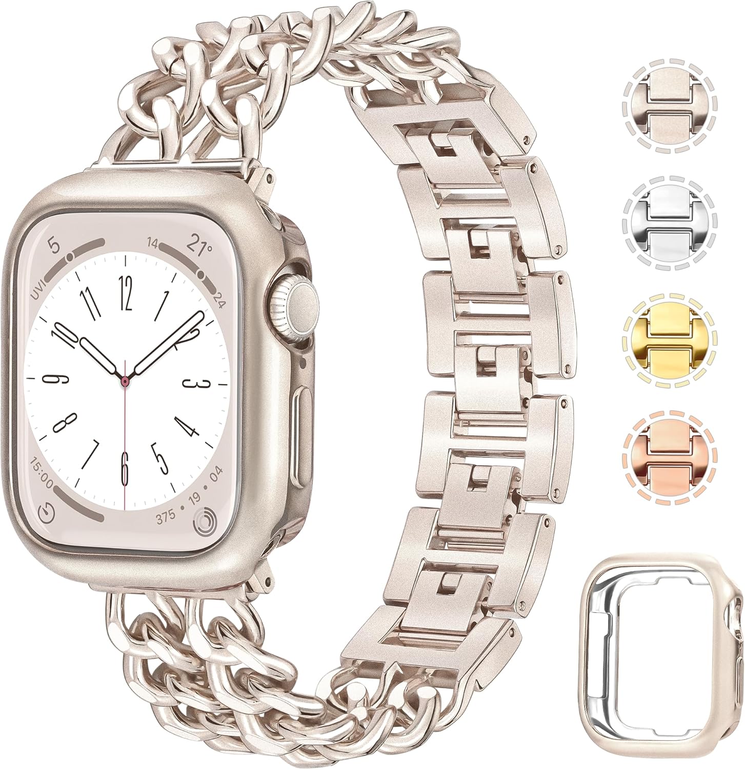 Anaiboho Metal Starlight Apple Watch Bands for women men, Double Chain iWatch Bands for 42mm(S11/10), Dressy Designer Strap with Soft TPU Case, Compatible with Apple Watch Series 11 10 (With Case)