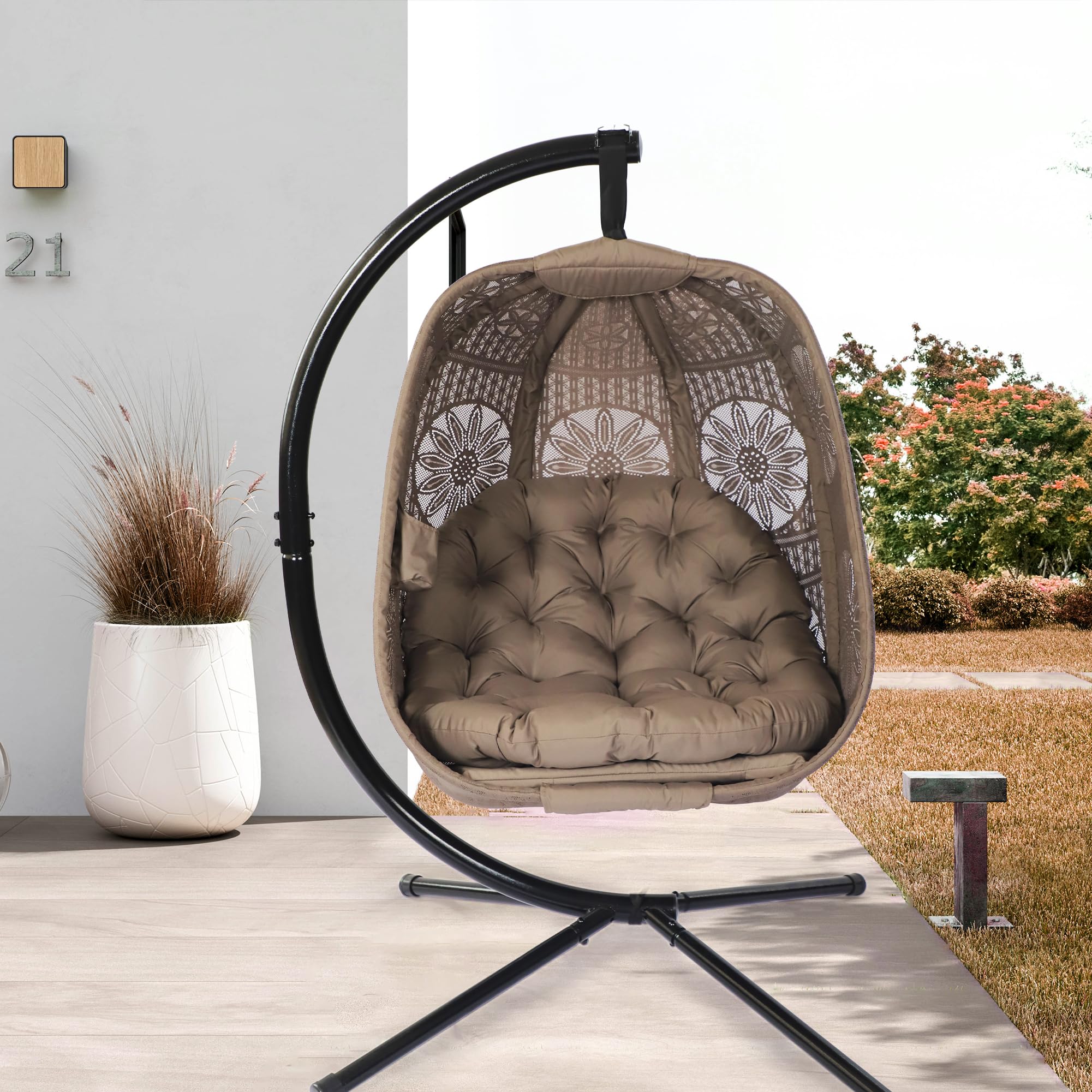 Hängesessel mit Gestell Sonnenblume Ei-Stuhl - Handgeflochtener Hängestuhl mit wasserfester Sitzauflage für Garten, Balkon & Innnenbereich - Gemütlicher Schaukelstuhl für Erwachsene