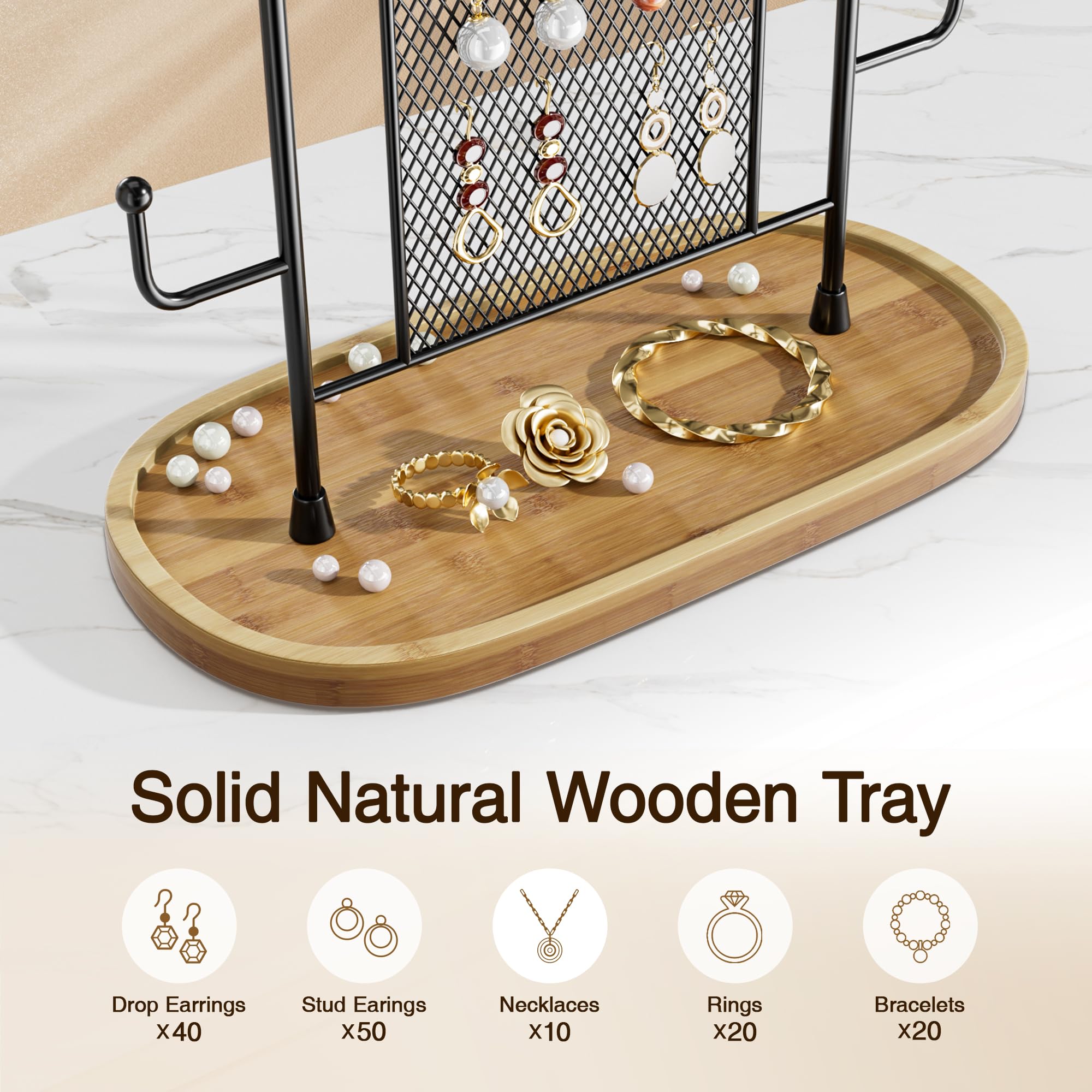 HBYCDSTF Jewelry Organizer Stand - Earring Display Tree With 300 Holes, 6 Hooks & Wood Tray For Necklaces, Rings - View #7