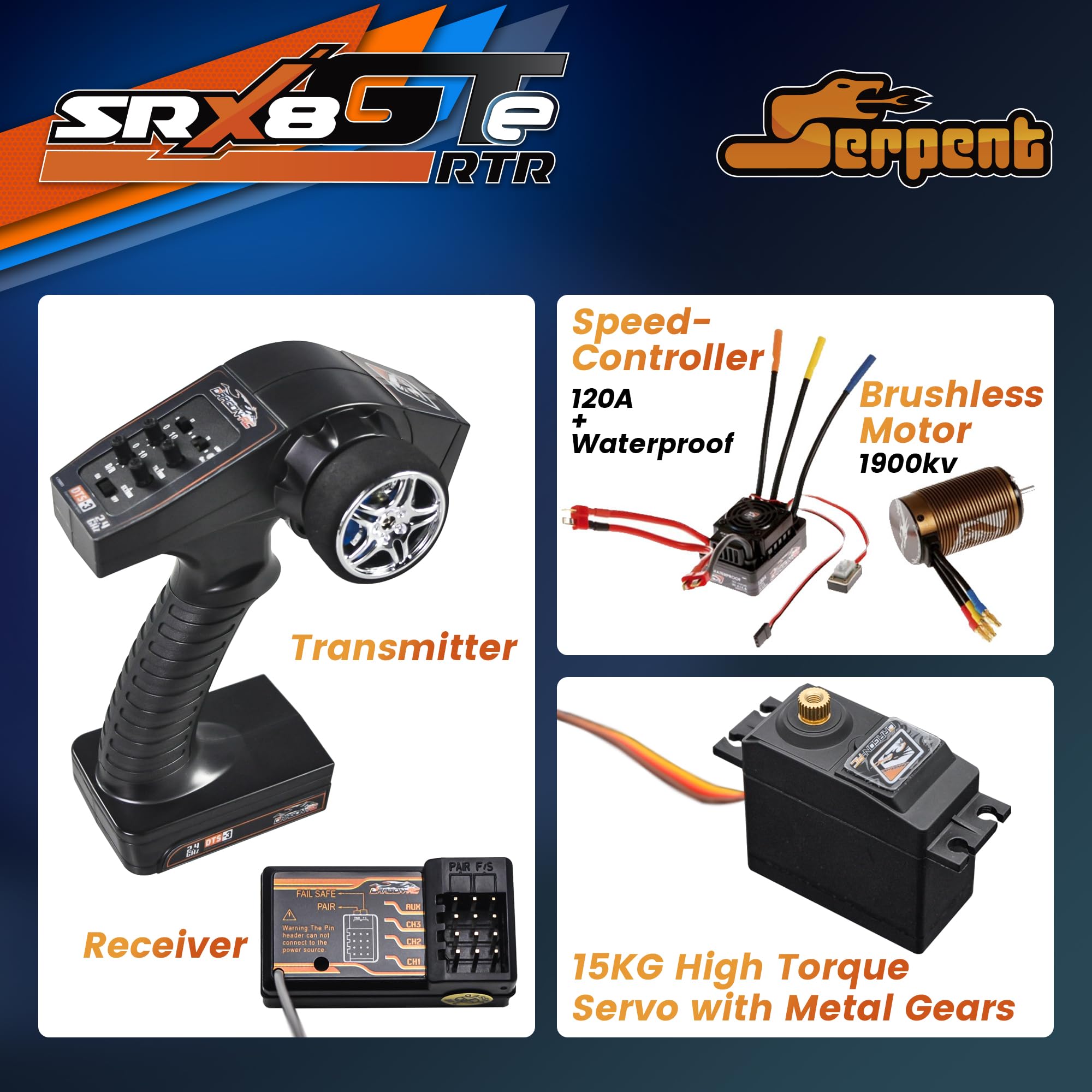 Serpent SRX8 GTE 4wd RTR, 1/8 4wd GT Car, Brushless Speed RC Car RTR, corpo verniciato, alta velocità, corsa, pronto all'uso, (batterie e caricabatterie non inclusi)