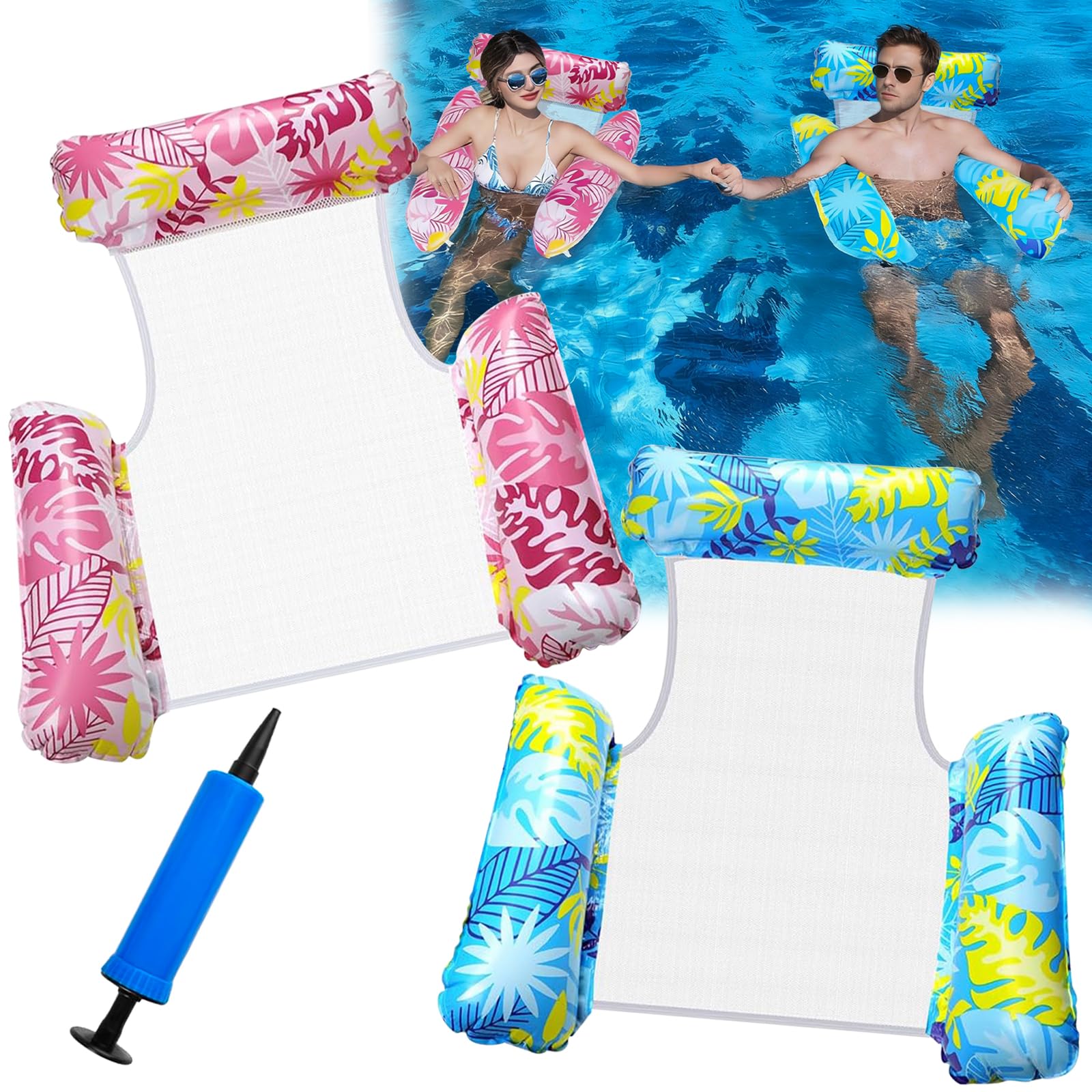 Hyhuiyin 2 Pack Pool Inflatables,Pool Inflatables Water Hammock 4 IN 1 Swimming lilo Pool Floats Inflatable Pool Chair for Adults Cool Mesh Relaxing Lounger Chair Seat with 1 Manual Air Pump