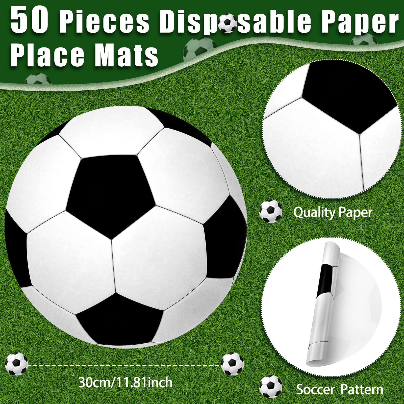 Yinder 50 Pieces 12 Inch Disposable Place Mats Sport Ball Paper Place Mats Sport Theme Birthday Party Decorations Sport Party Favors for Sports Themed Party Supplies (Soccer)