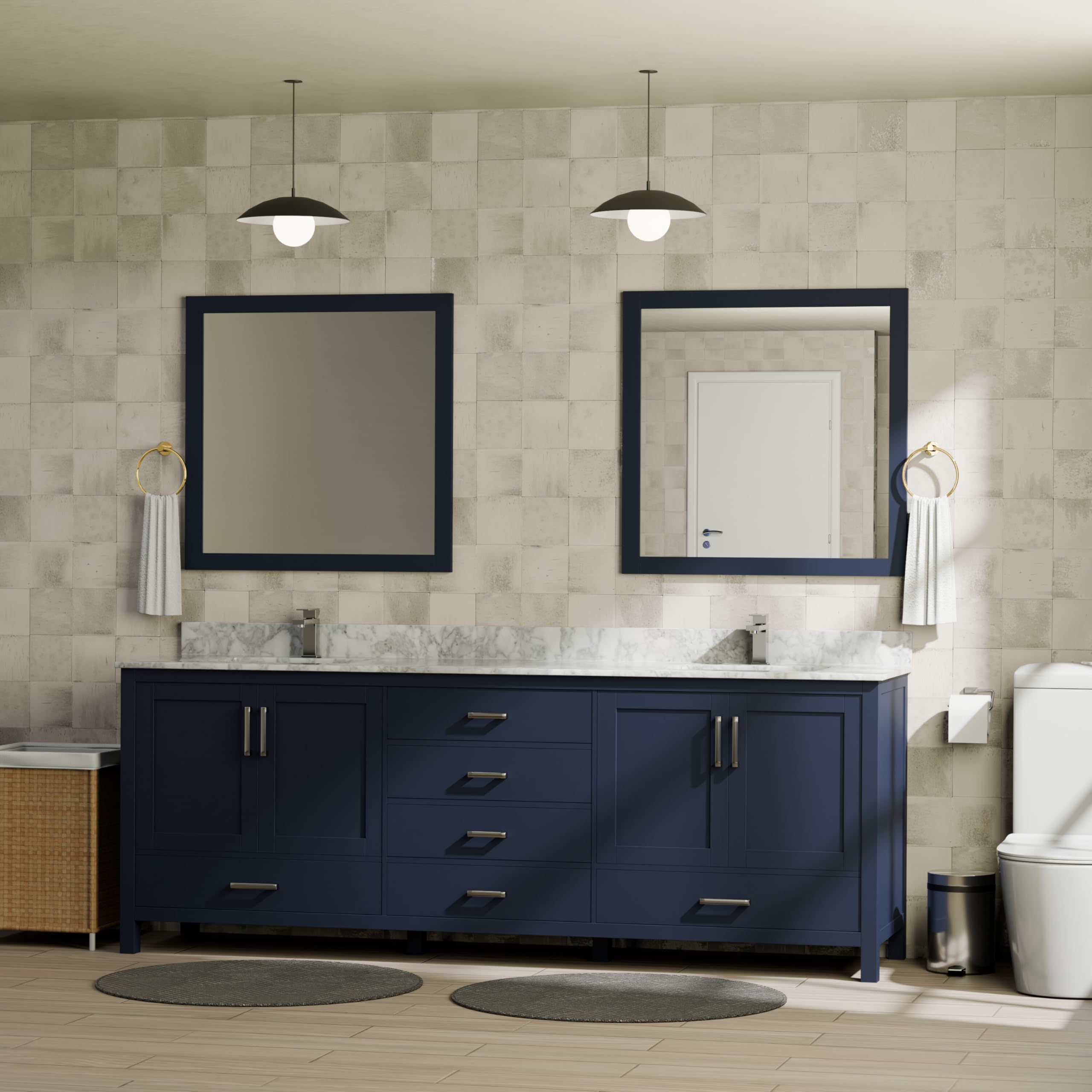 Big Sur 80 in. W x 22 in. D Navy Blue Double Bath Vanity, Carrara Marble Top, Faucet Set and 30 in. Mirrors