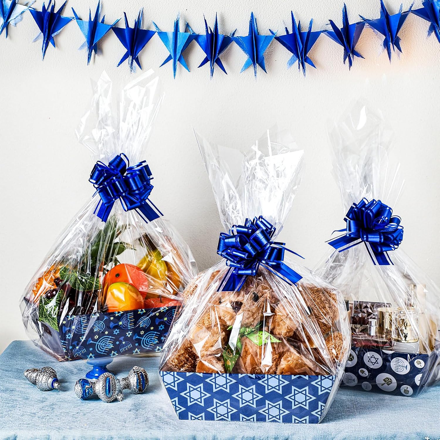 Marspark 18 Pcs 6 Set Hanukkah Bags for Gifts 8x10'' Chanukah Gift Menorahs Star Basket Boxes Empty to Fill with Gifts Blue Pull Bows Cellophane Wrapping Supplies for Hanukkah Party Favor Decorating - Image 4
