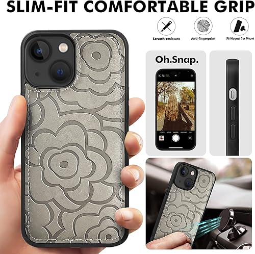 Miniatura 3 de CASEOWL Camellia - Funda de piel vegana en relieve compatible con iPhone 13, magnética, desmontable, delgada, funda protectora de TPU para iPhone