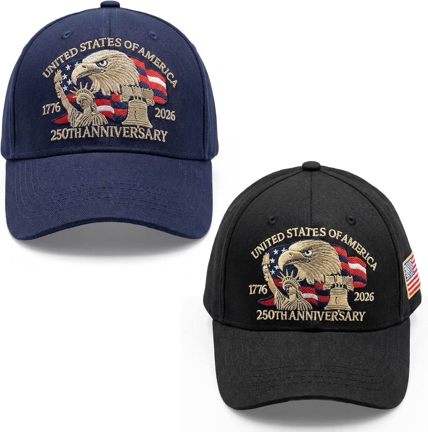 USA Patriotic Heritage Baseball Cap 2-Pack – Navy & Black Embroidered Hat Set with Eagle, Statue of Liberty & Liberty Bell Symbols, Adjustable Cotton Blend for Men & Women