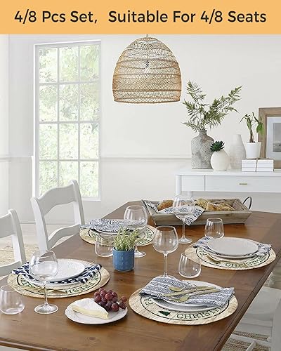 Miniatura 6 de Paquete de 2 manteles individuales redondos trenzados, diseño de árbol de Navidad de grano de madera verde de 15 pulgadas, lavables, resistentes al