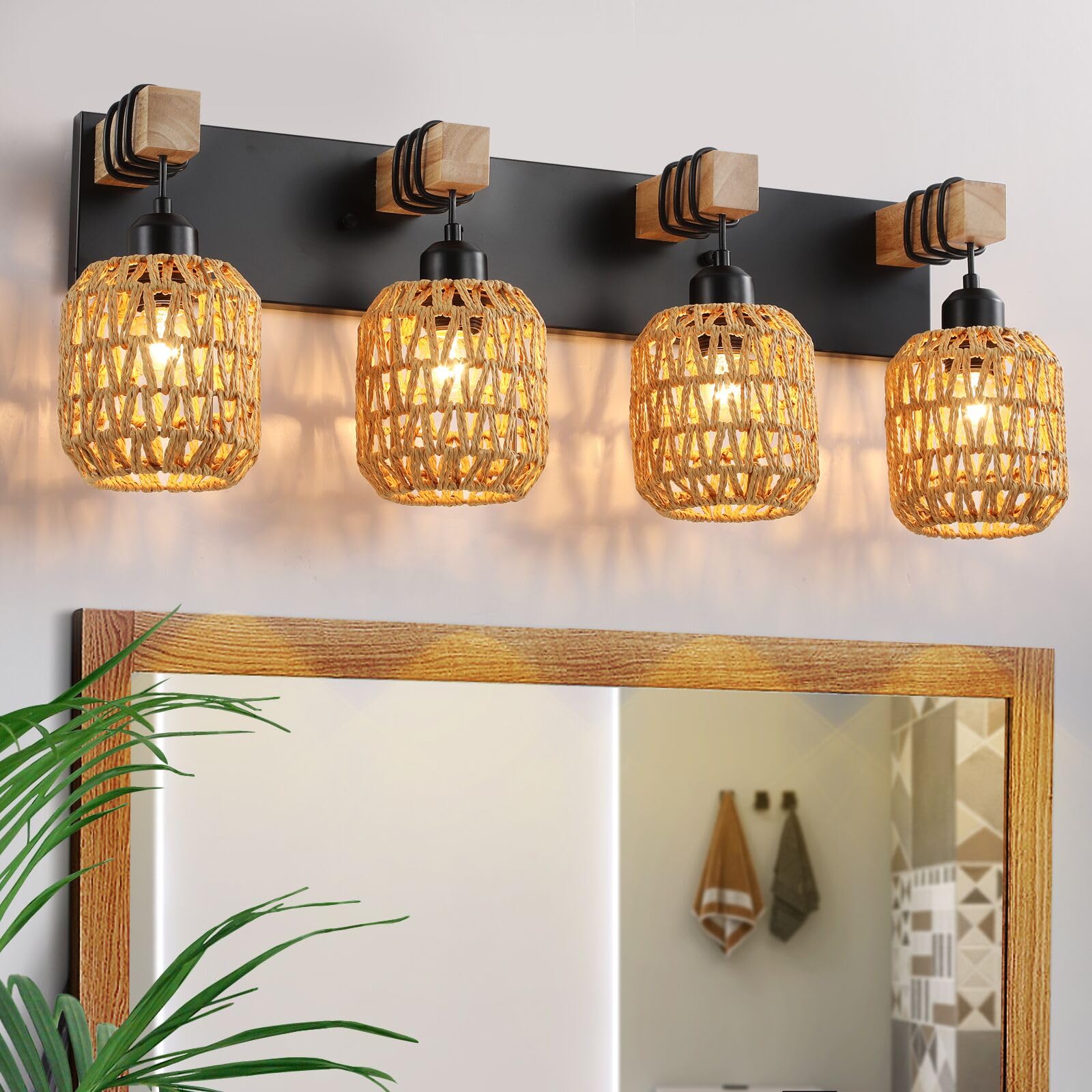 4 Light Bathroom Vanity Light Fixtures,Rustic Style Wood Bathroom Wall Sconce, with Boho Wicker Lampshade?suitable for bedroom, hallway, and living room,Rattan Black Farmhouse Wall Sconce