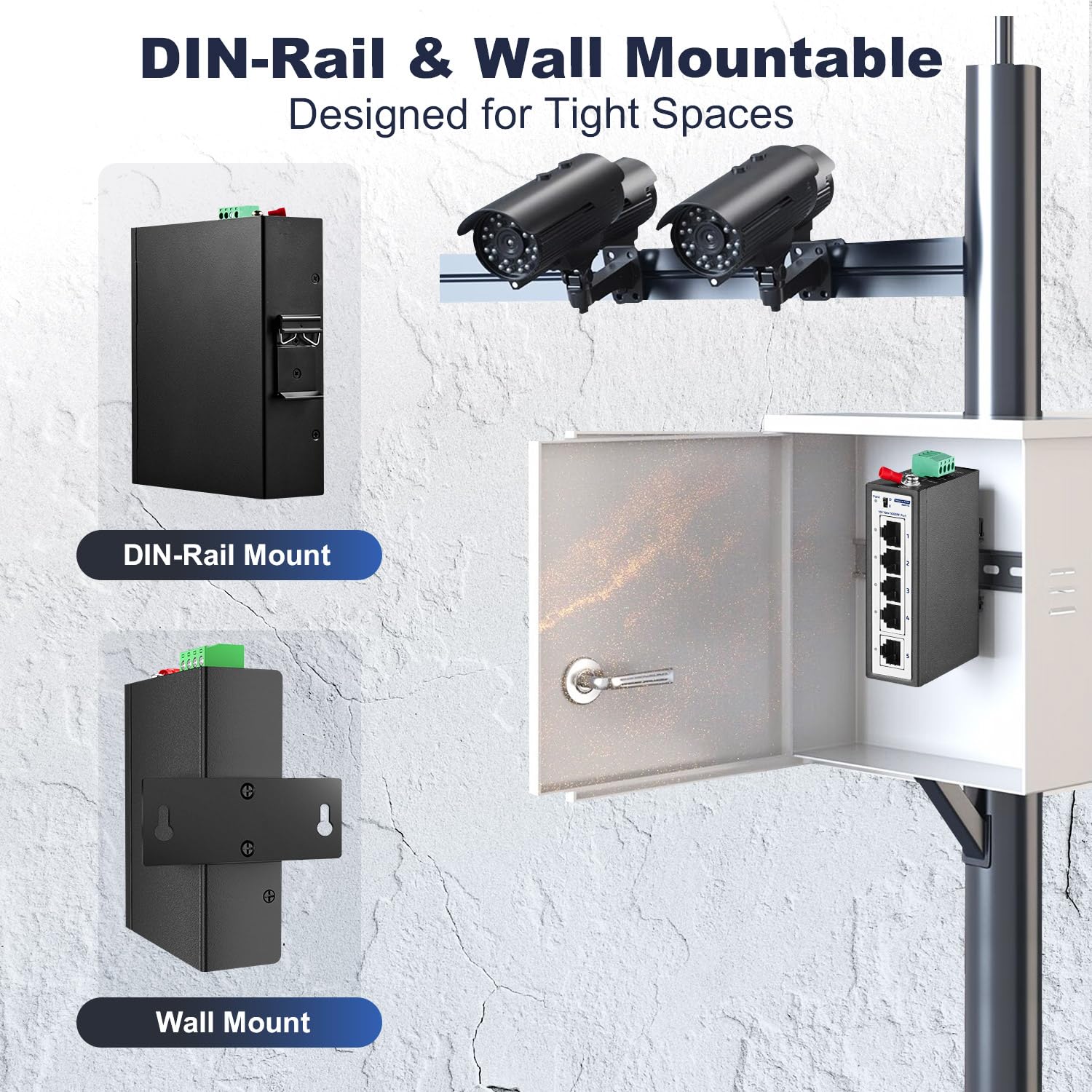 Switch per guida DIN mini gigabit industriale a 5 porte, 4 porte da 100/1000 Mbit/s, 1 uplink Gigabit, guida DIN e supporto da parete inclusi, switch Ethernet industriale non gestito