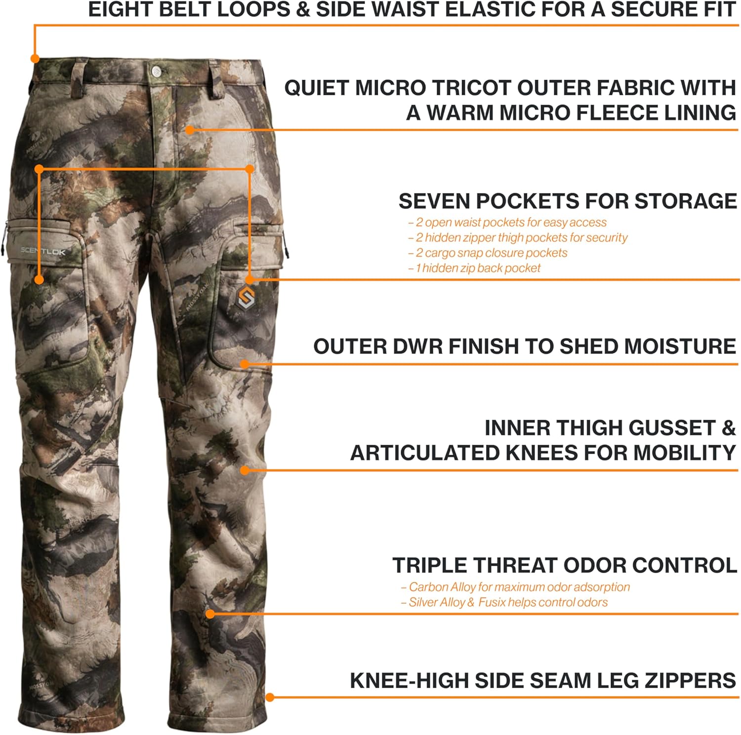 ScentLok Ridge Midweight Hunting Pants for Men – Odor Control, Water-Repellent, Fleece-Lined, Silent Fabric, 7-Pockets