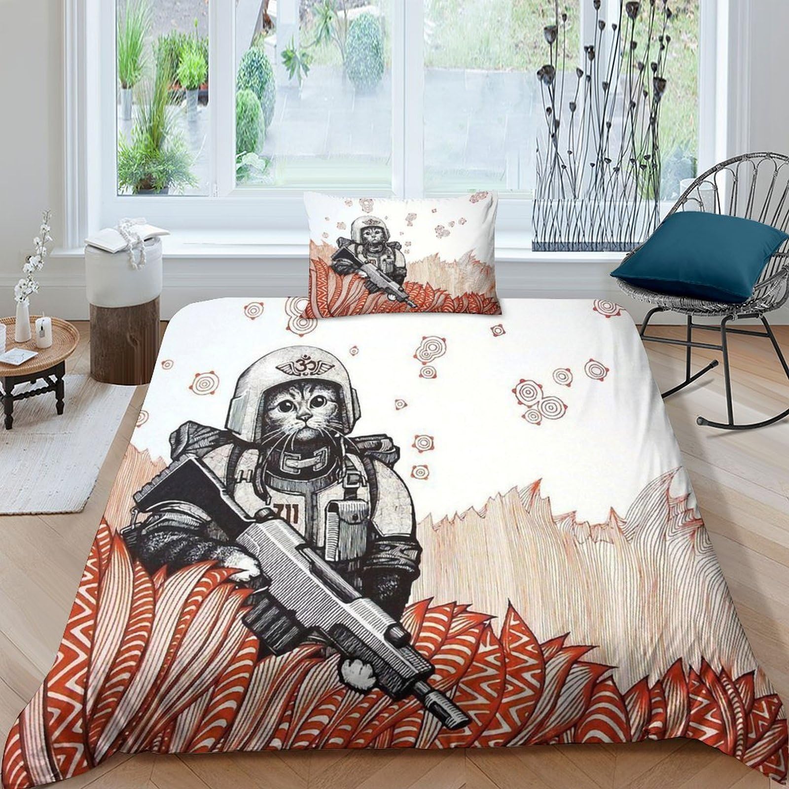 Housse de couette chat guerrier 3D 135x200 parure de lit single avec taies d'oreiller