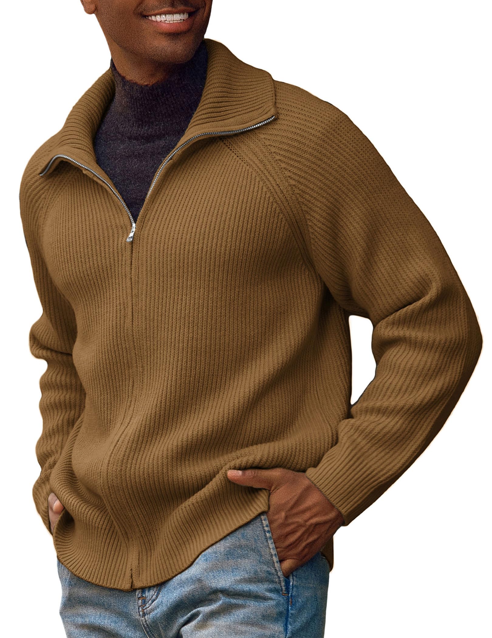 PJ PAUL JONESMen's Full Zip Cardigan Sweaters Unisex Relax Fit Lapel Collar Raglan Sleeve Casual Ribbed Sweater