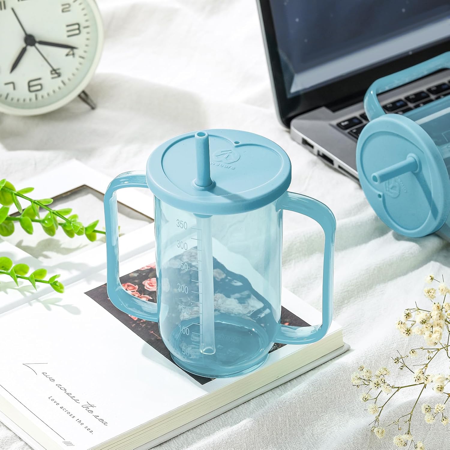 Sliner Adult Sippy Cups for Elderly 12 oz Straw Sippy Cups with 2 Handles No Spill for Adults Spill Proof Dysphagia Cup for Disabled Patients(Light Blue) - Image 5