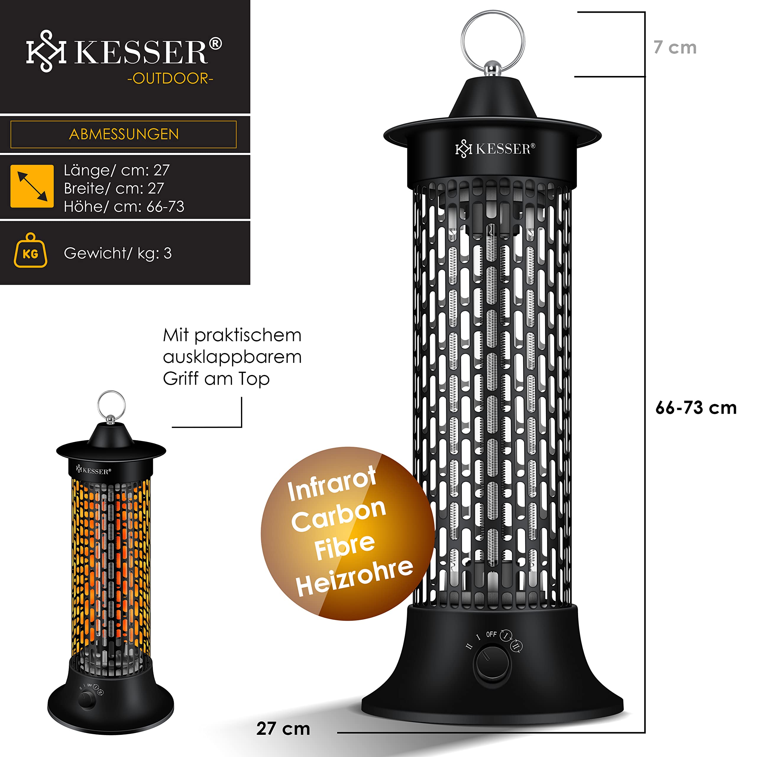 KESSER® Standheizstrahler Infrarotheizung, 1200W Heizstrahler Energieeffiziente Heizung Innenraum mit 360° Oszillation, Infrarotheizung Standgerät, Elektroheizung IP55, Terrassen-Heizstrahler, Schwarz