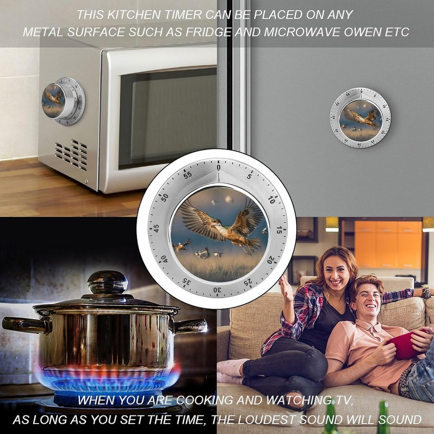 Hunting Flying Wild Timer Stainless Steel Kitchen Timers Waterproof & Rust-Proof 60 Minute Mechanical Timer with Loud Alarm for Cooking, Baking, Fitness