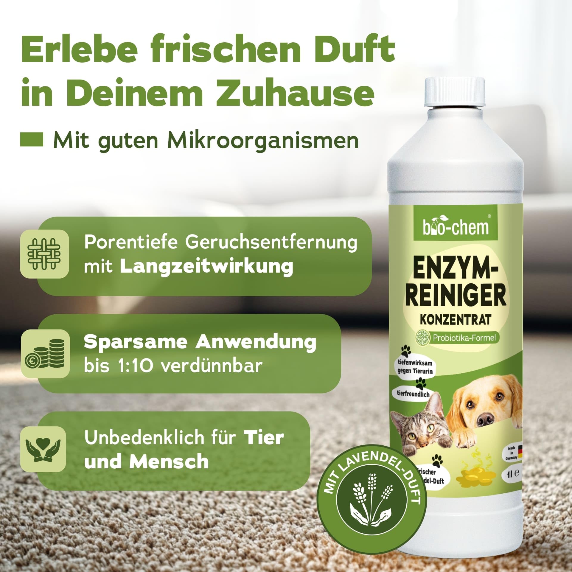 bio-chem Koncentrat do czyszczenia enzymami 1000 ml - głęboko działający środek do usuwania zapachów z moczu, kociego moczu i psiego moczu - mikrobiologiczny neutralizator zapachów dla psów i kotów