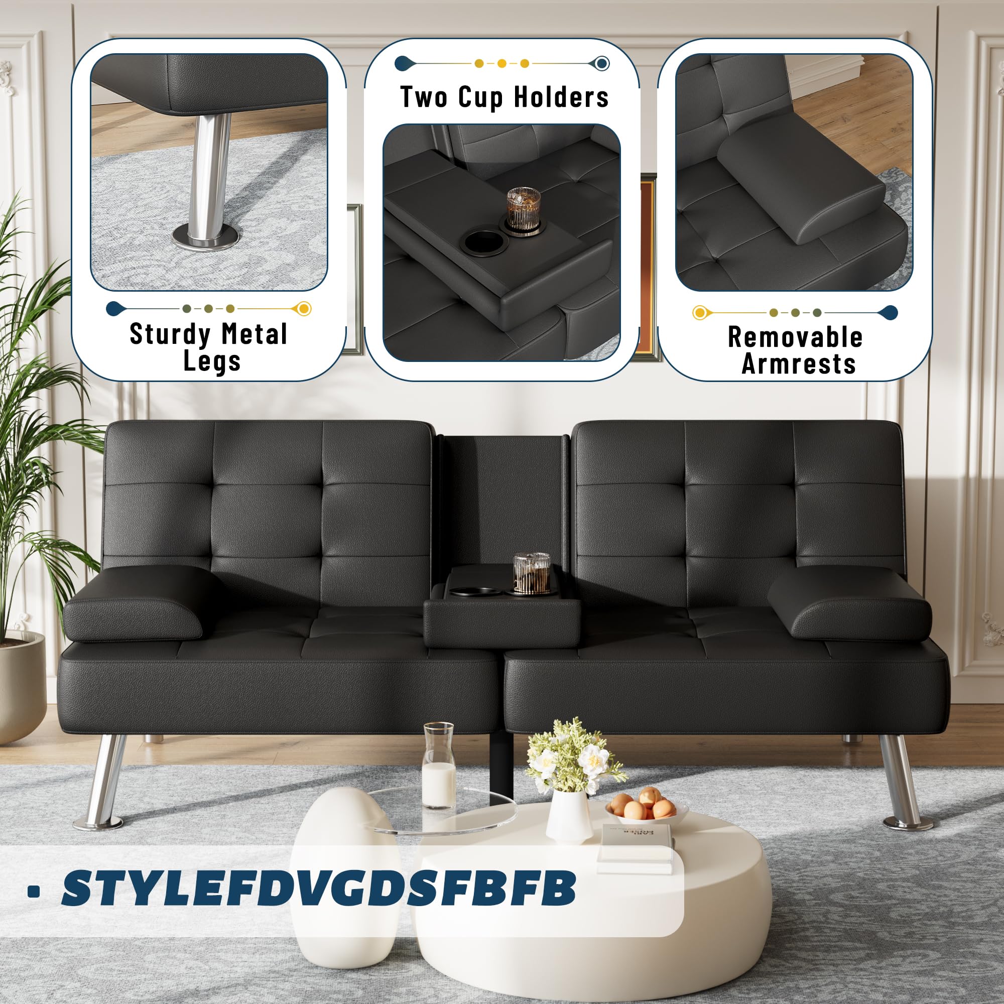 Furmax Leather Futon Sofa Bed, Adjustable Futon Couch for Living Room | Sleeper Sofa Bed with 2 Cup Holders, Reclining Futon Loveseat for Apartment, Business Office & Small Spaces | Black
