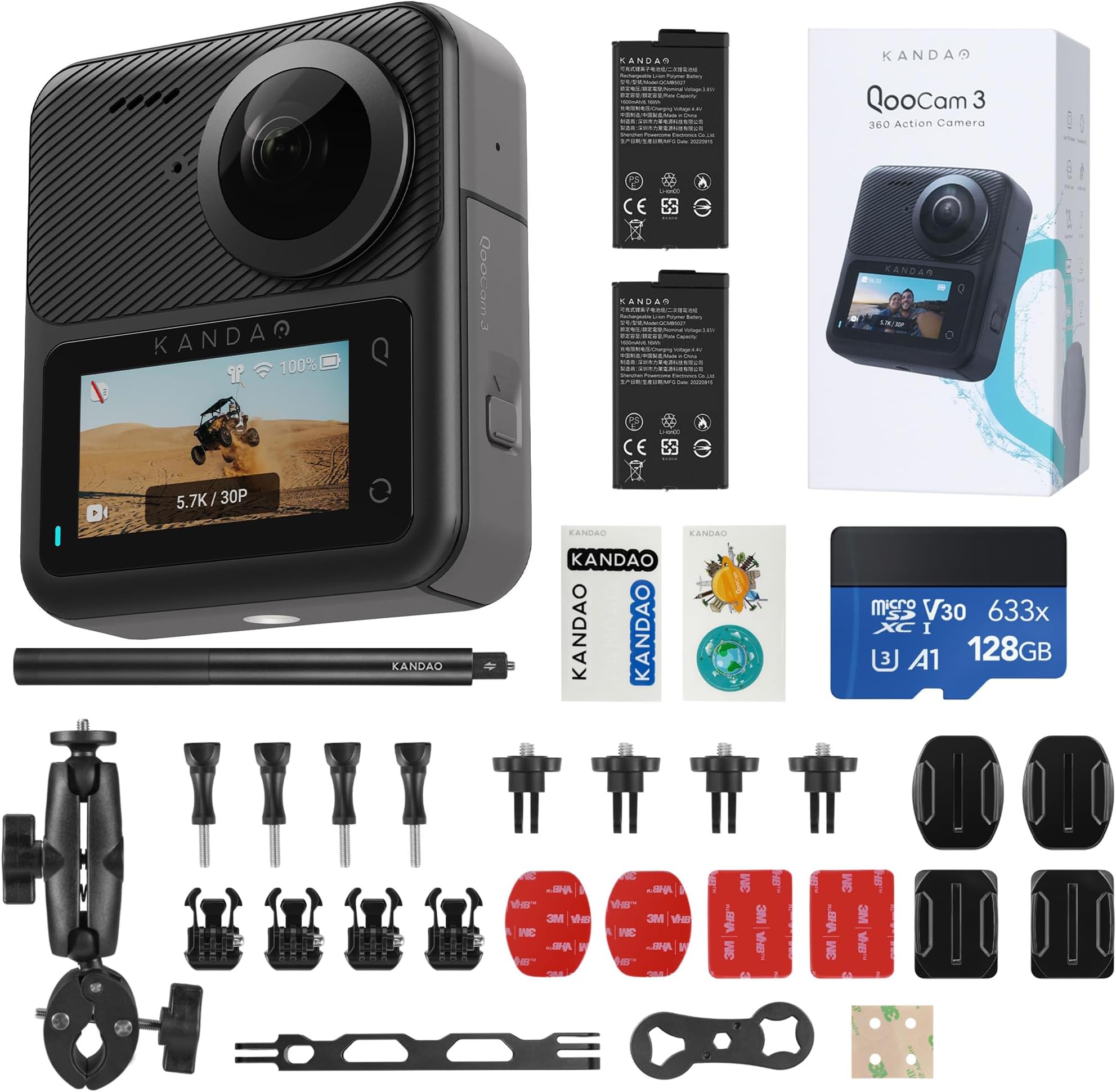 KanDao QooCam 3 Action Camera with Dual 1/1.55" Sensors, 5.7K 30FPS 360 Sports Camera, HDR Video, 62MP Panoramic Photo, DNG8, F1.6 Large Aperture, Stabilization, Waterproof, Superior Night Shot
