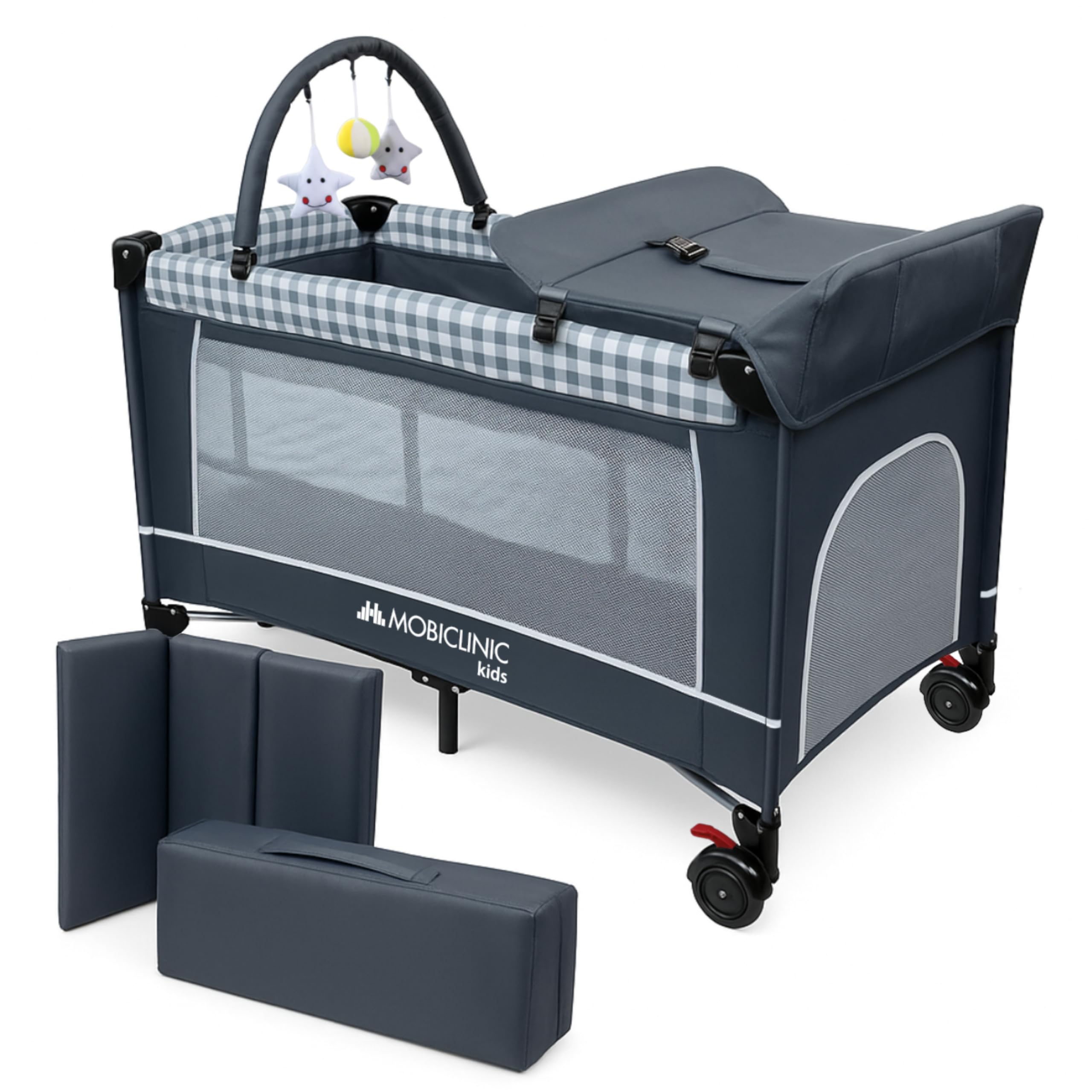Mobiclinic®, Łóżeczko dziecięce 3 w 1, Kojec, Z przewijakiem, Od 0 miesięcy do 15 kg, Bocznym wyjściem, Kółkami hamulcem, Torbą przechowywania, Składane, Caelum, Oddychająca tkanina