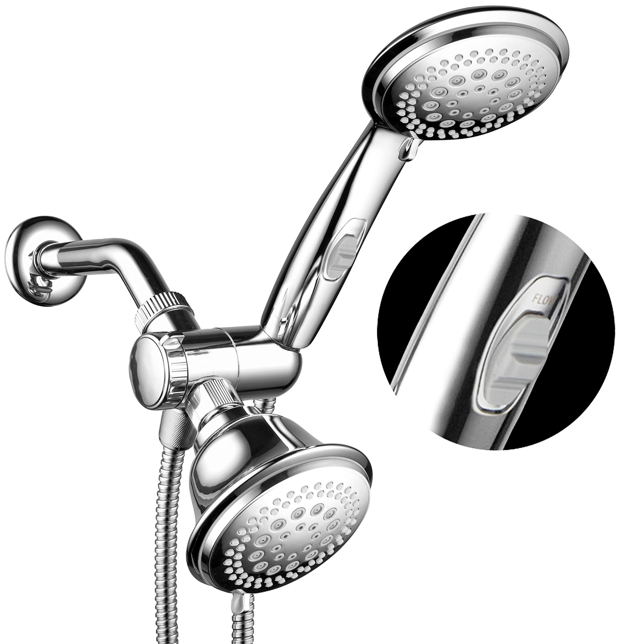 Hotel Spa 1465 HotelSpa Ultra Luxury-Alcachofa de ducha de mano con interruptor de pausa patentado ON/OFF y manguera de acero inoxidable extensible de 5 a 7 pies/cromado premium, 4''/4'' Face Combo