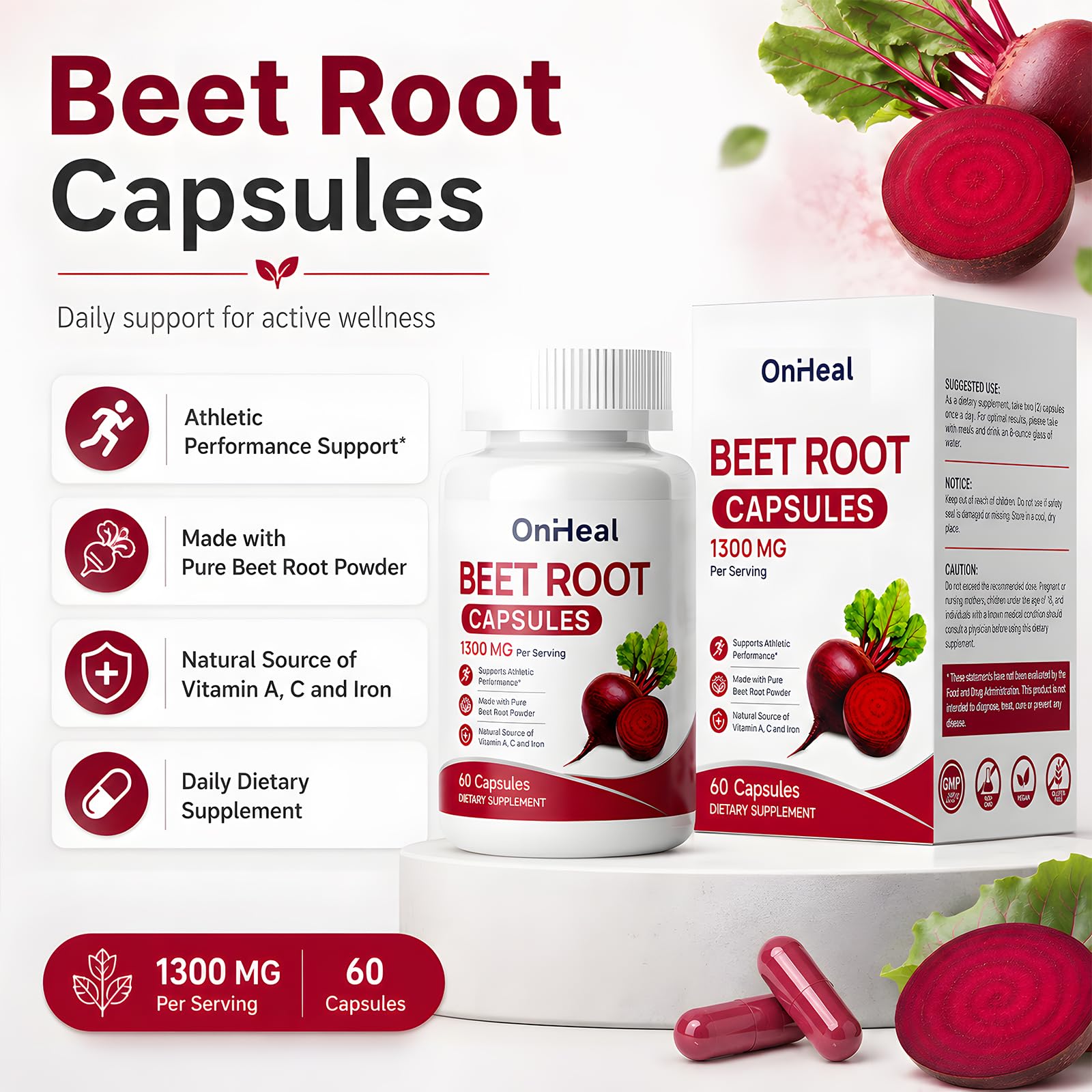 Beet Root Capsules, 1,300 mg of Pure Beet Root Powder per Serving, a Natural Source of Vitamins A, C, and Iron, Helps Promote Blood Circulation and Boost Energy, 60 Capsules — Amazon image 2