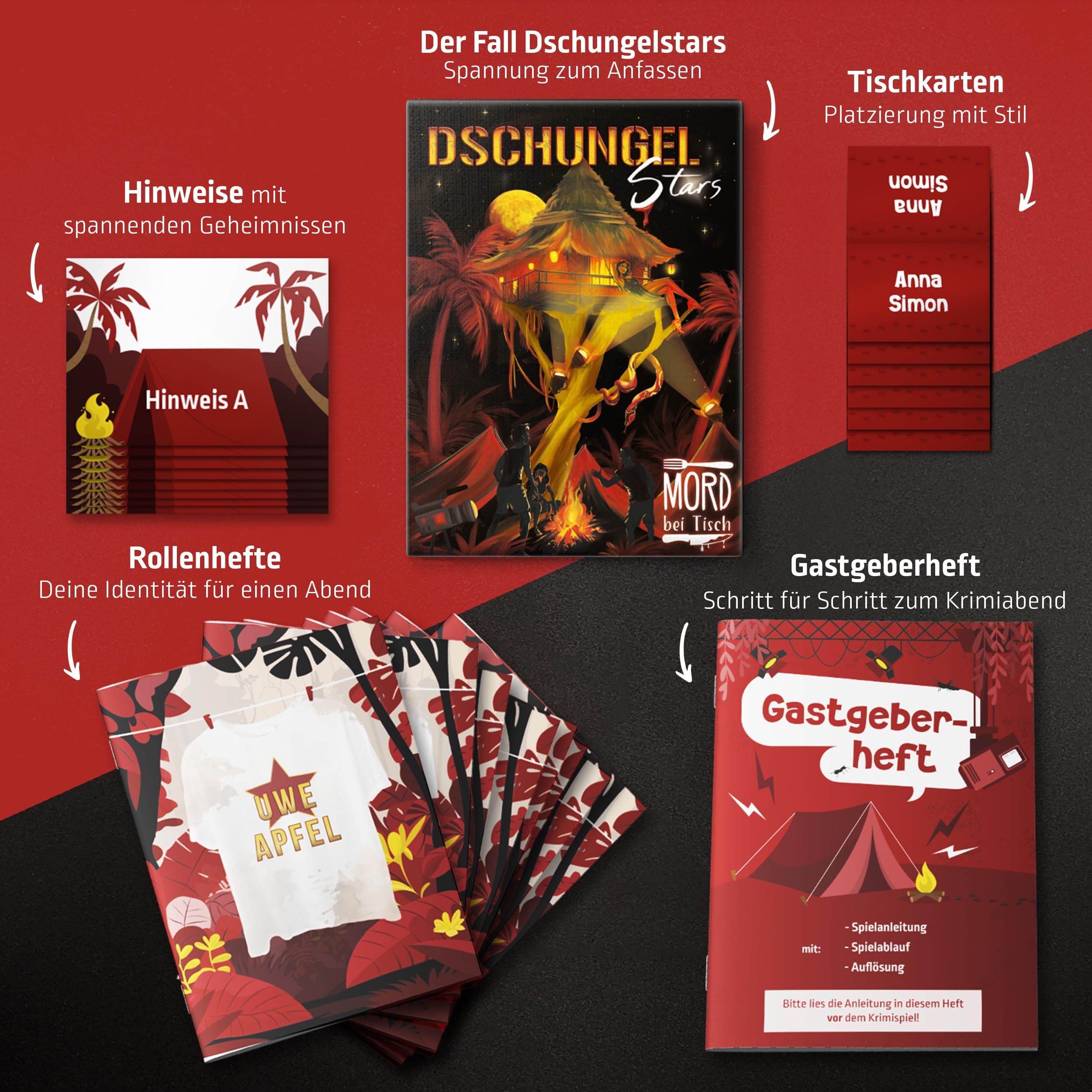 MORD bei Tisch Krimidinner für Zuhause - 4 bis 6 Personen - Der Dschungelstars Fall - Das Krimi Spiel ab 16 Jahren – Ideal als Krimi Dinner für eine mörderische Dinnerparty