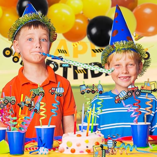 Miniatura 7 de Winrayk 24Pcs Reusable Construction Plastic Drinking Straws Construction Party Favors, Crazy Silly Straws Bulk (6 Styles & 8 Colors), Boys Girls