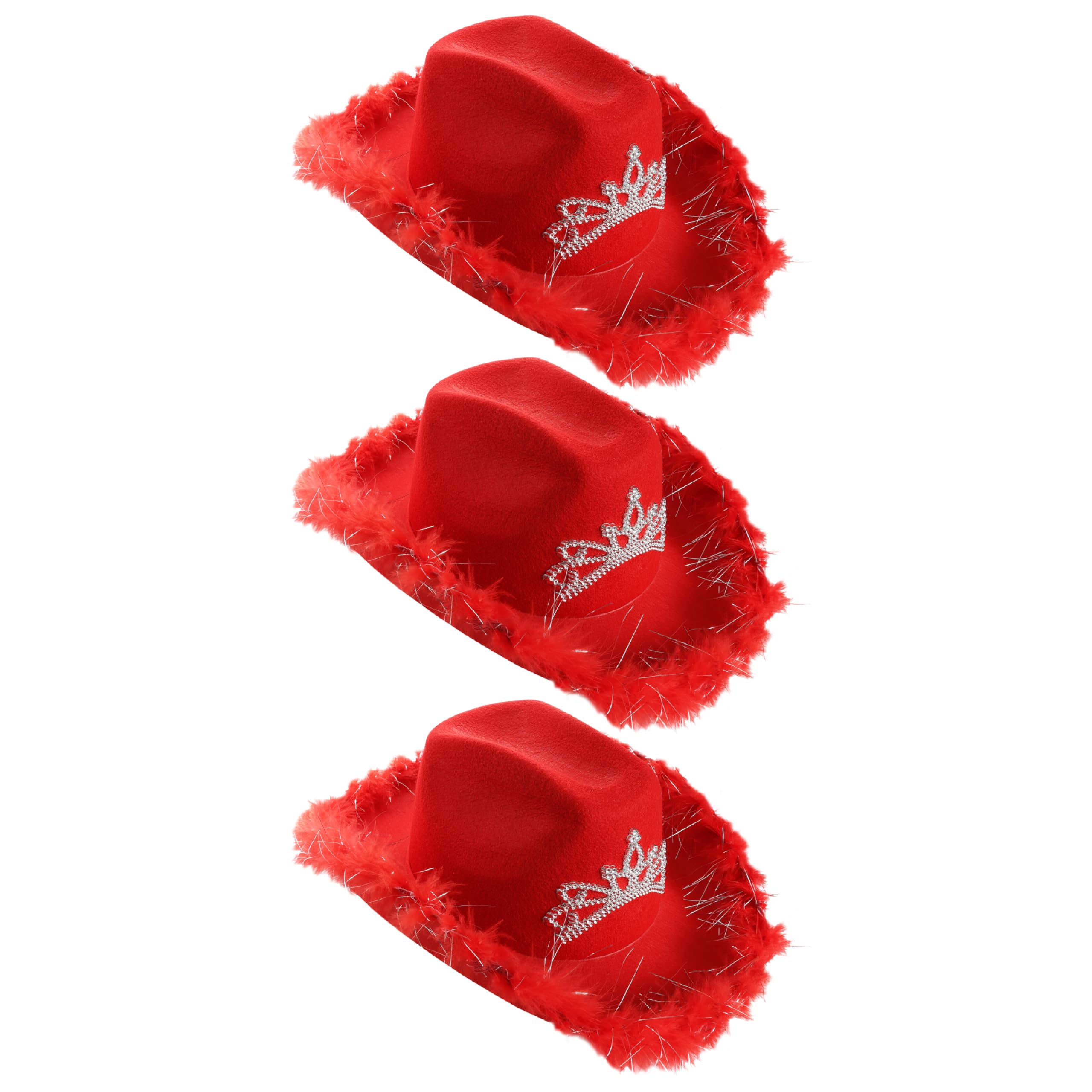 Tiara Cowgirl Hats - Pack of 3 - Red Cowgirl Hat with Tiara Decoration and Marabou Trim - Adults Music Festival Fancy Dress Accessory