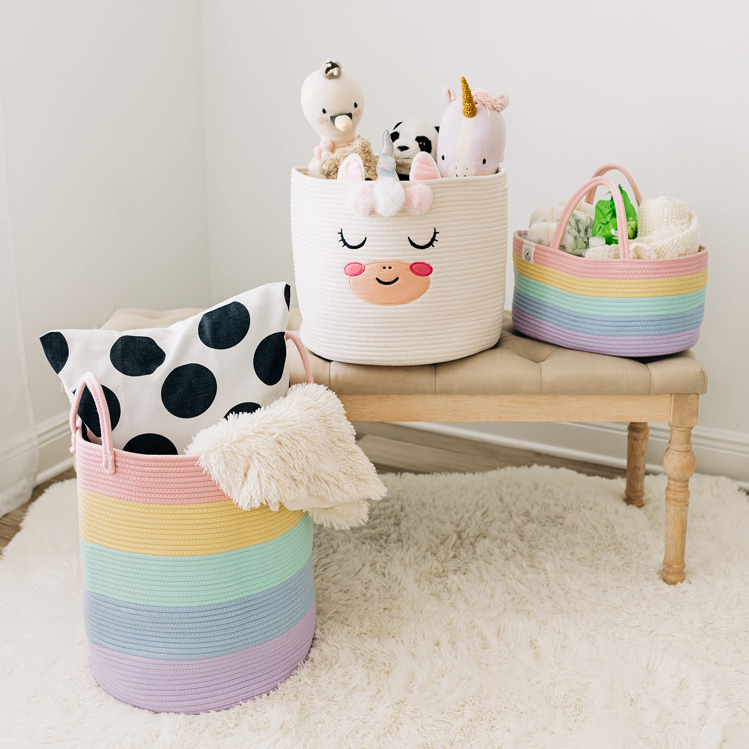 OrganiHaus Cestino Portaoggetti Nursery Arcobaleno Pastello in Corda di Cotone, Organizer Giochi e Pannolini con Manici, Pieghevole e Lavabile in Lavatrice, Ideale per Cameretta e Lavanderia