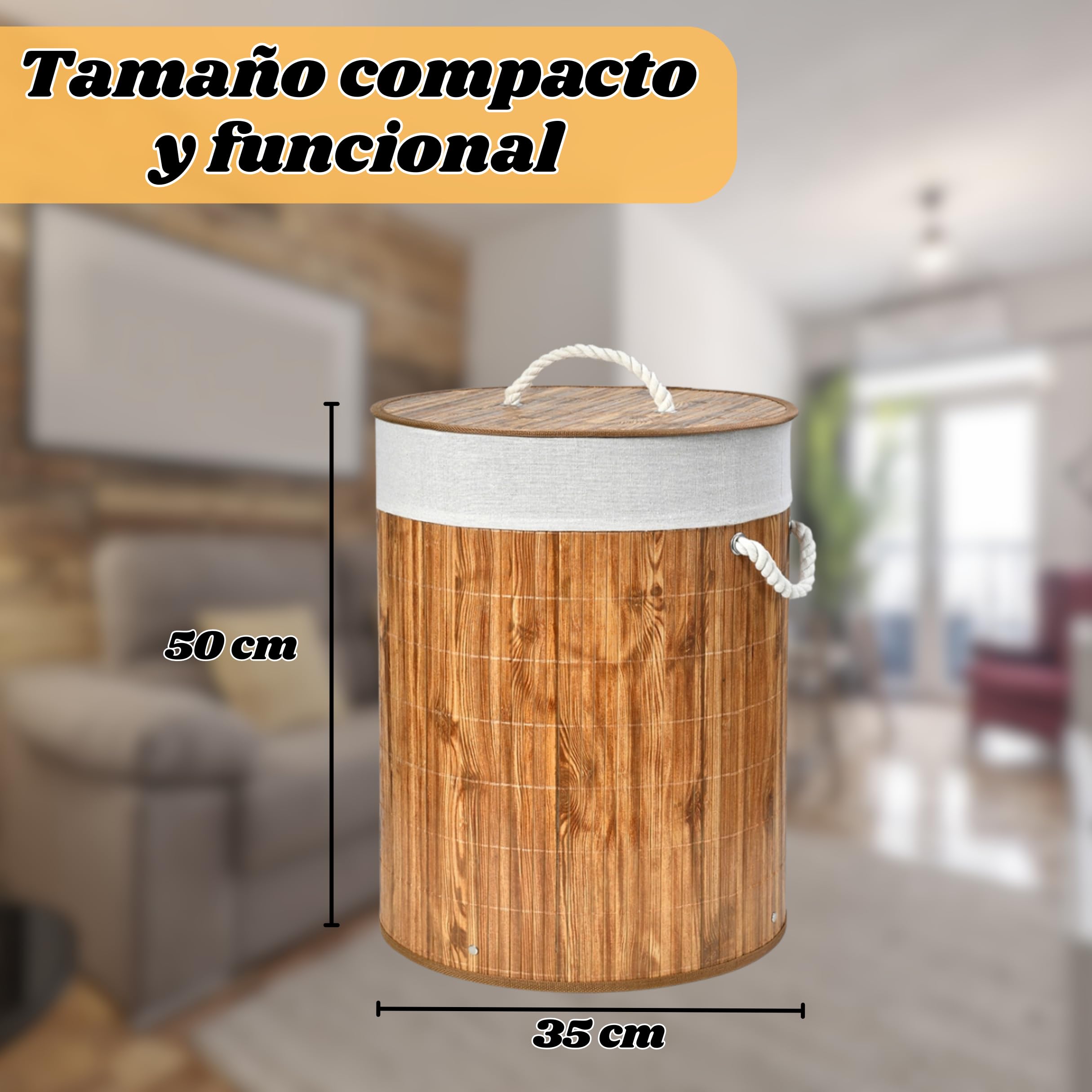 Weida Cesto de la Ropa Sucia de Bambú | Rectangular con Tapa y Asas Plegable | Bolsa Extraíble y Lavable |Moderno, para baño o Dormitorio | Marrón Madera (50cm-35cm Redondo) - 3
