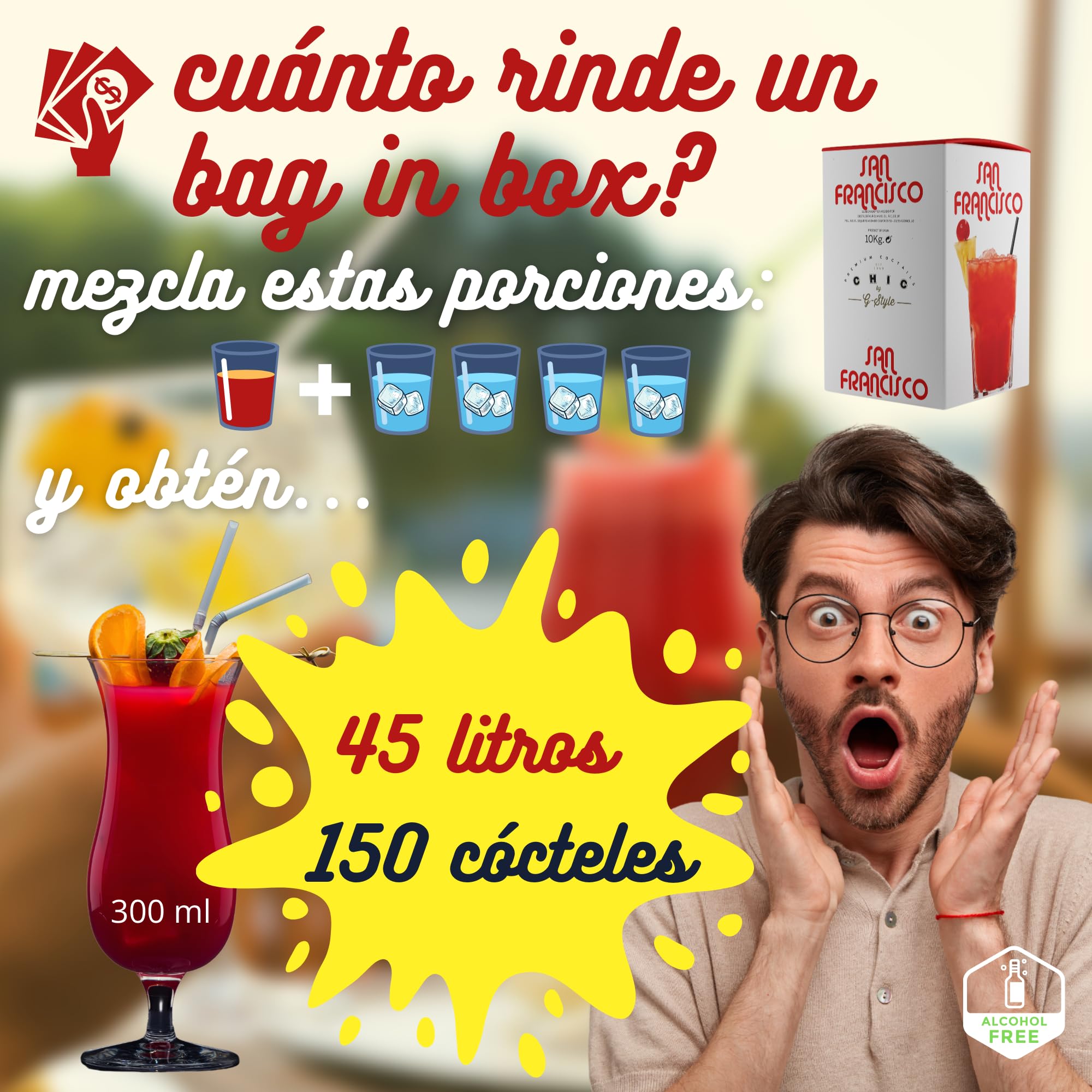 Concentrado Cóctel San Francisco Bag in Box 10 Kg (9L) Sin Alcohol que rinde 45L o más de 150 vasos Diluído en Agua y Hielo. Cocktail Más Rentable y Rápido en Menos Espacio. Por Destilerías Riojanas