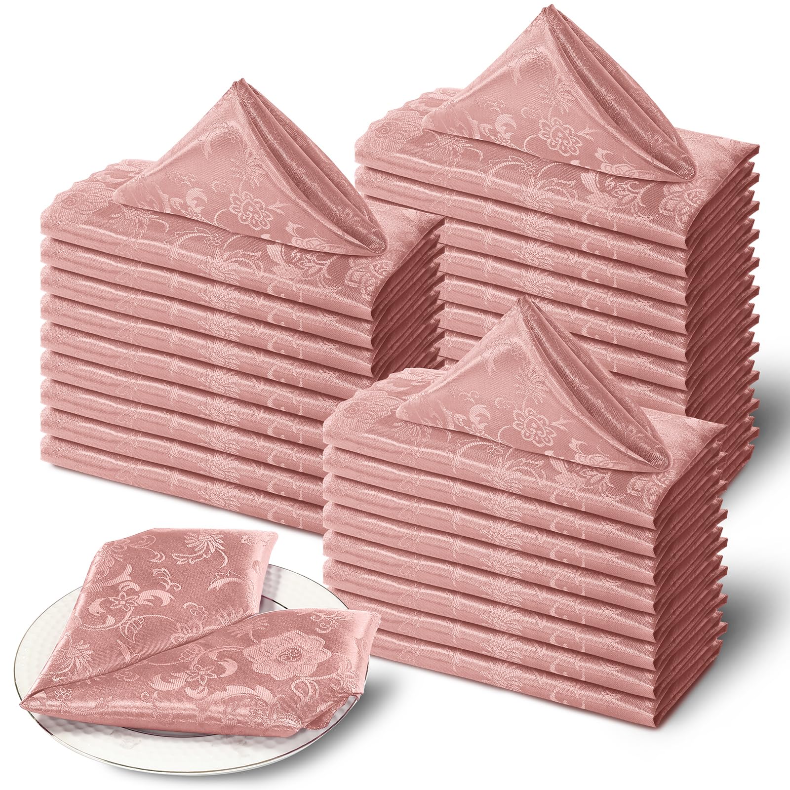 Cobedzy 60 Pack Rose Gold Satin Cloth Napkins, 17x17 Inch Satin Napkins Damask Napkins Jacquard Dinner Napkins Luxurious Cloth Napkins for Wedding