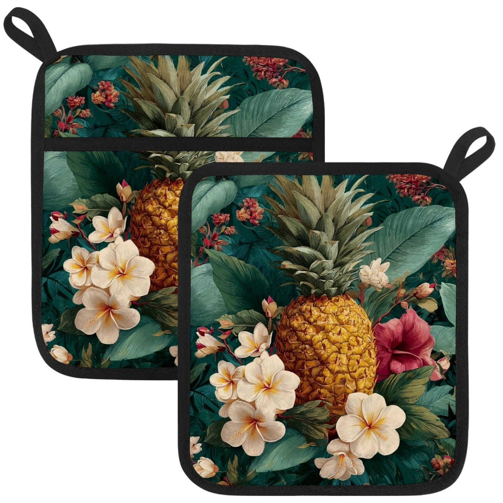 VAPOKF Pineapple Heat Resistant Pot Holders, Thick Pot Holders Pad with Hanging Loop for Kitchen, Oven Cloth Pads for Kitchen Baking Microwave Oven