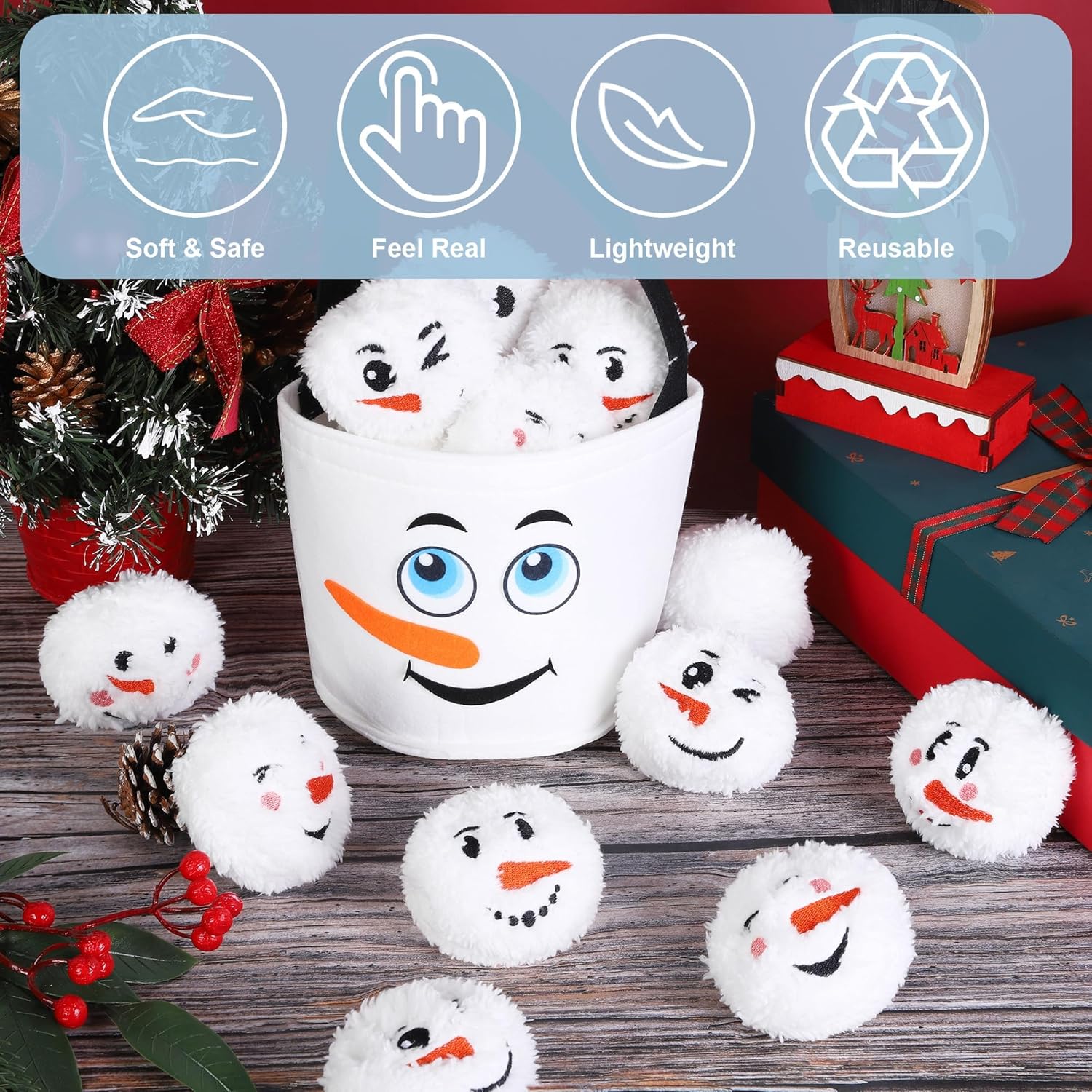 Aneco 52 Pieces Snow Toy Balls Set 2.8 Inch Plush Snowmen Balls with 4 Snowman Bags First Snow Fight Ball Fun Realistic Smile Face Ball Toys for Christmas Winter Indoor Outdoor Party Game